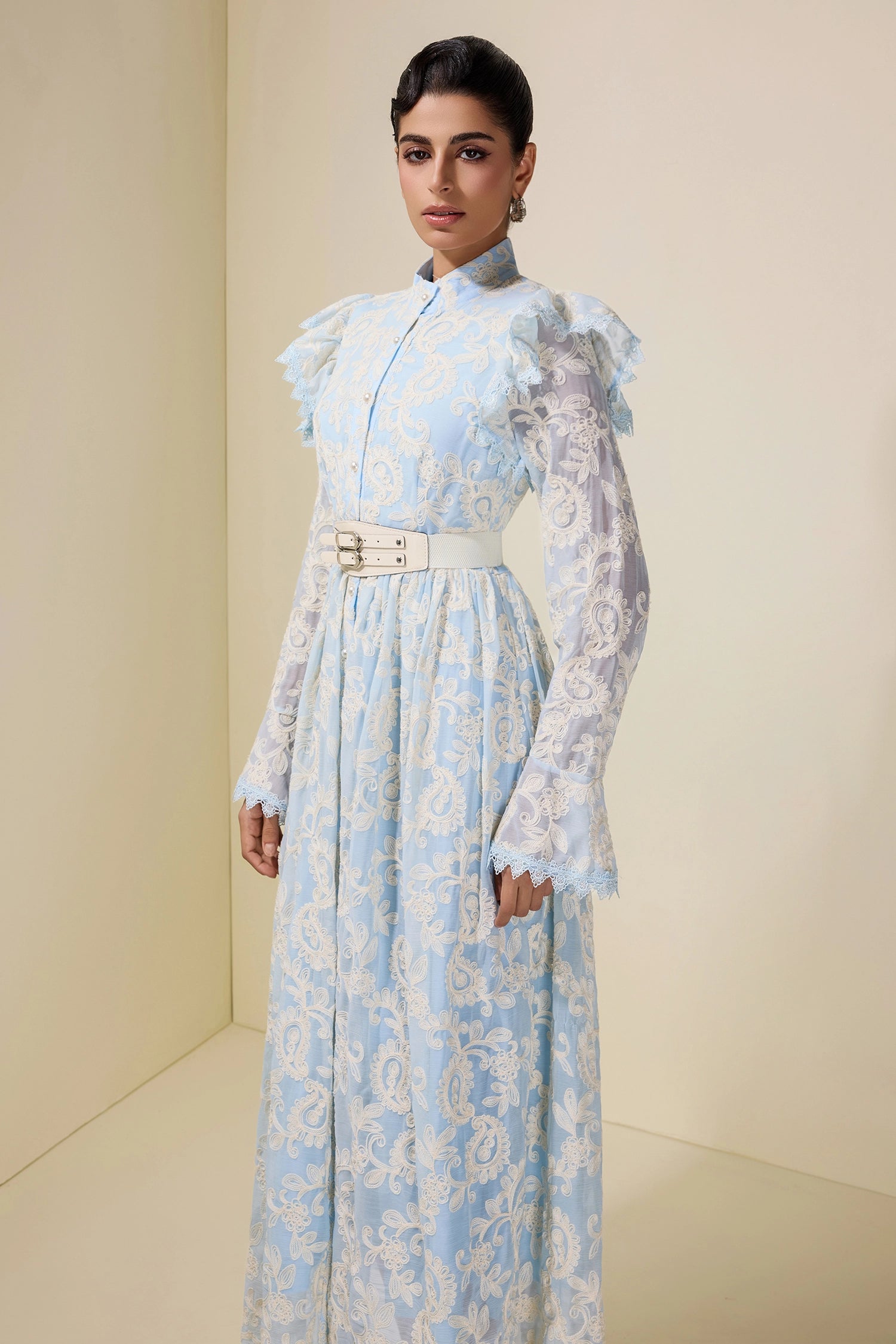 alma Chiffon Embroidered Single Breasted Midi Dress With Belt - blue