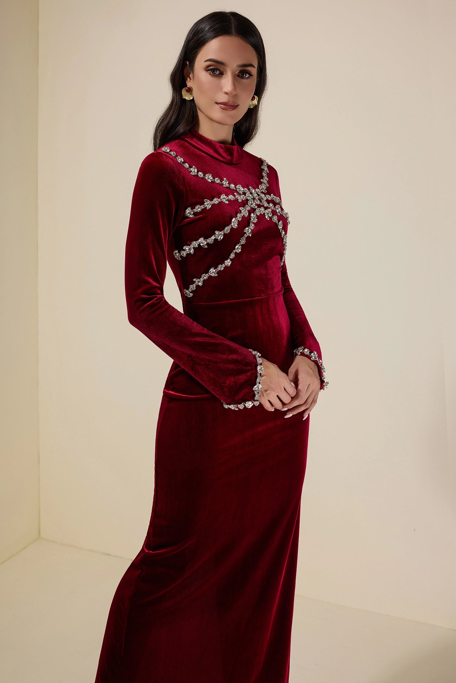 hilary Velvet Rhinestone Long Sleeve Maxi Dress - burgundy