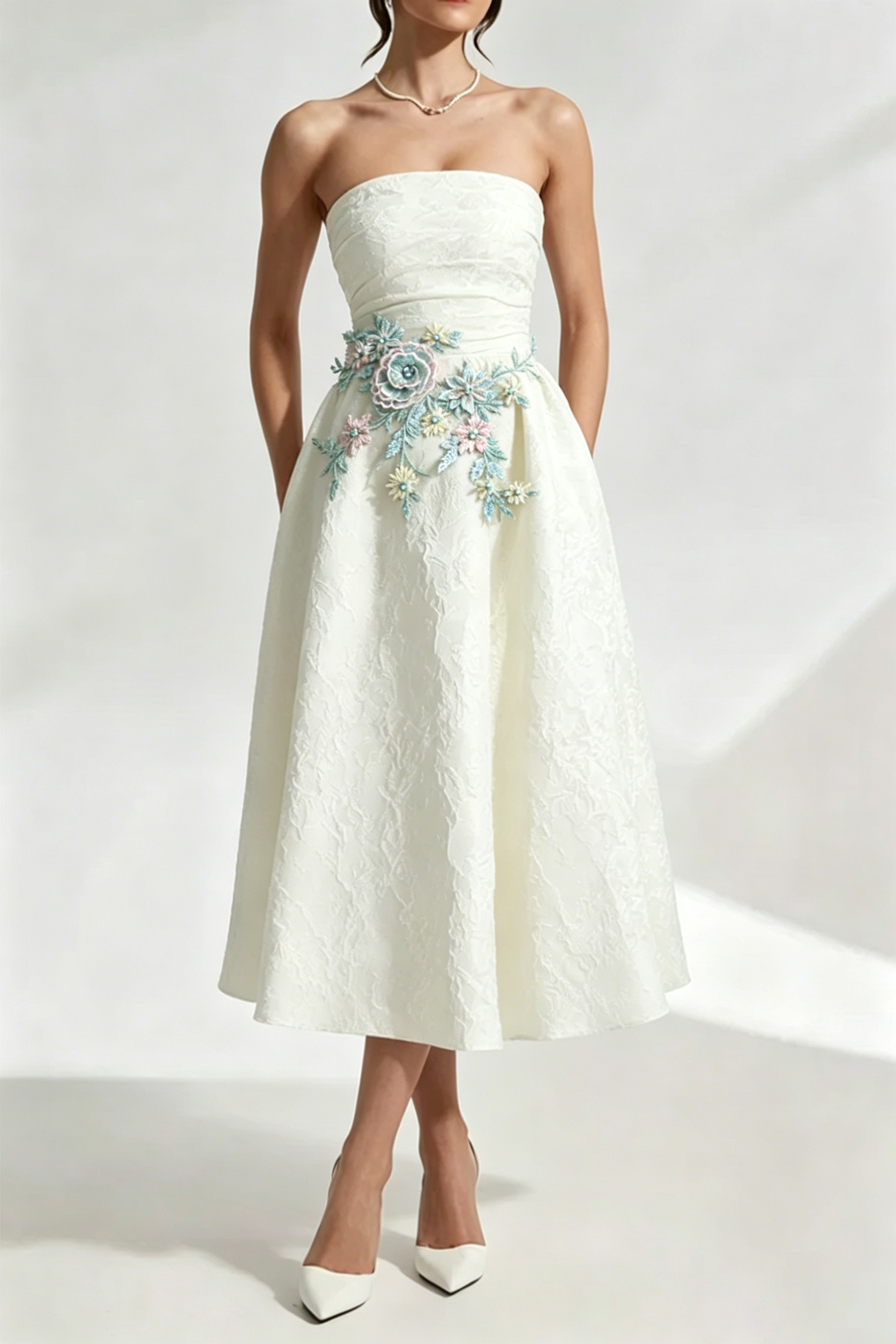Lace Embroidery Saoirse Midi Dress - Ivory
