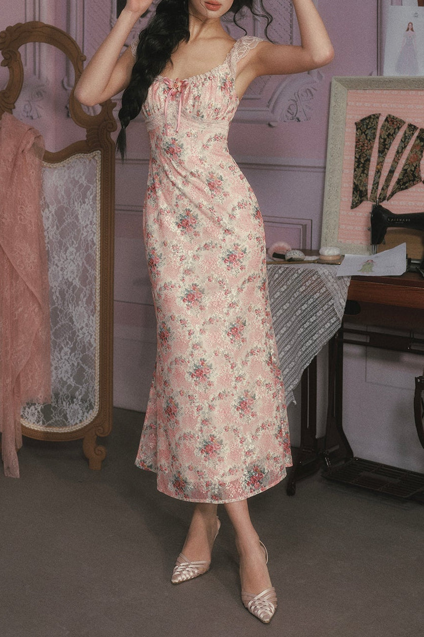 julie floral print lace trim midi dress - pink