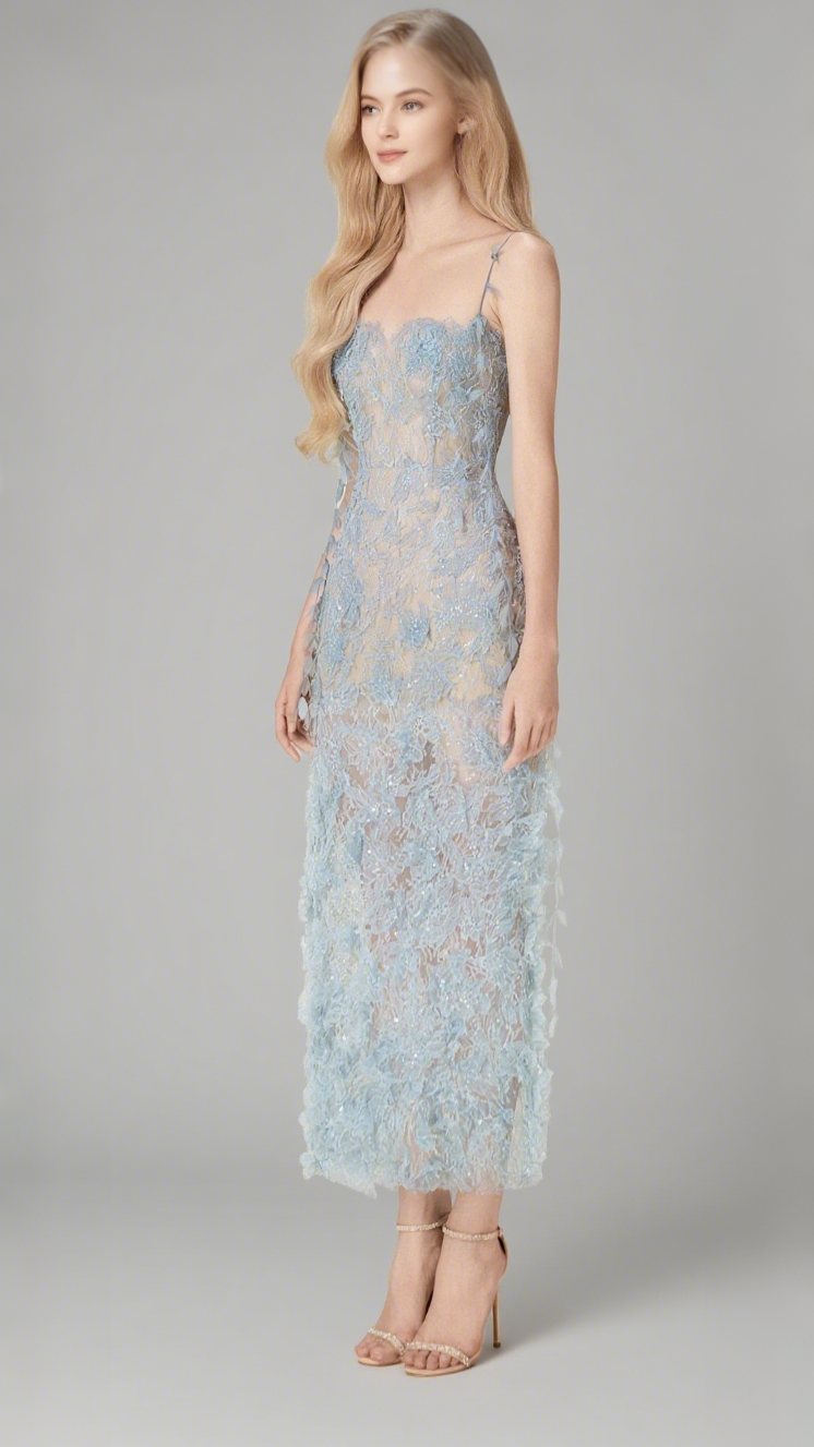 Blue Beaded Lace Pencel Dress