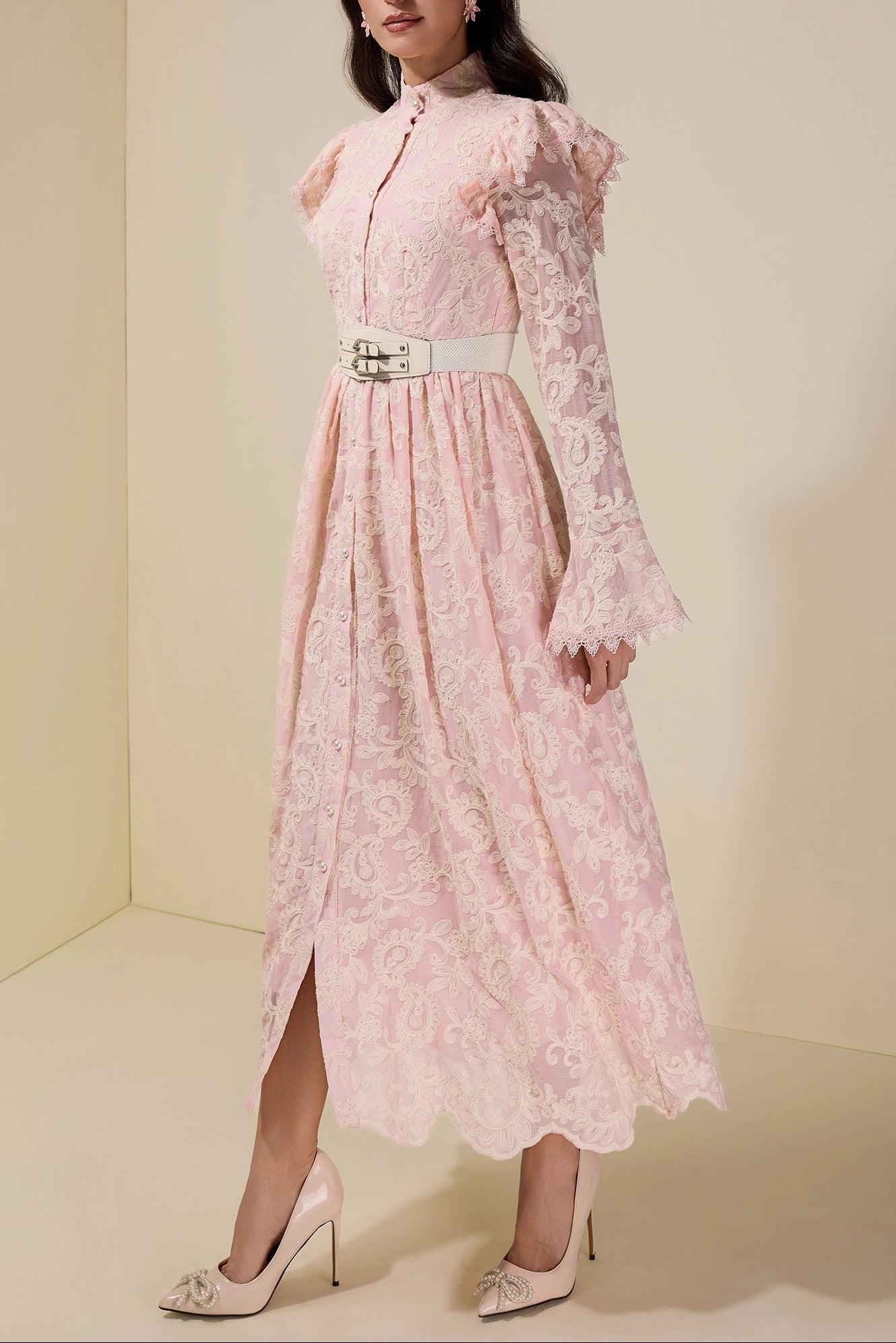 alma Chiffon Embroidered Single Breasted Midi Dress With Belt - pink