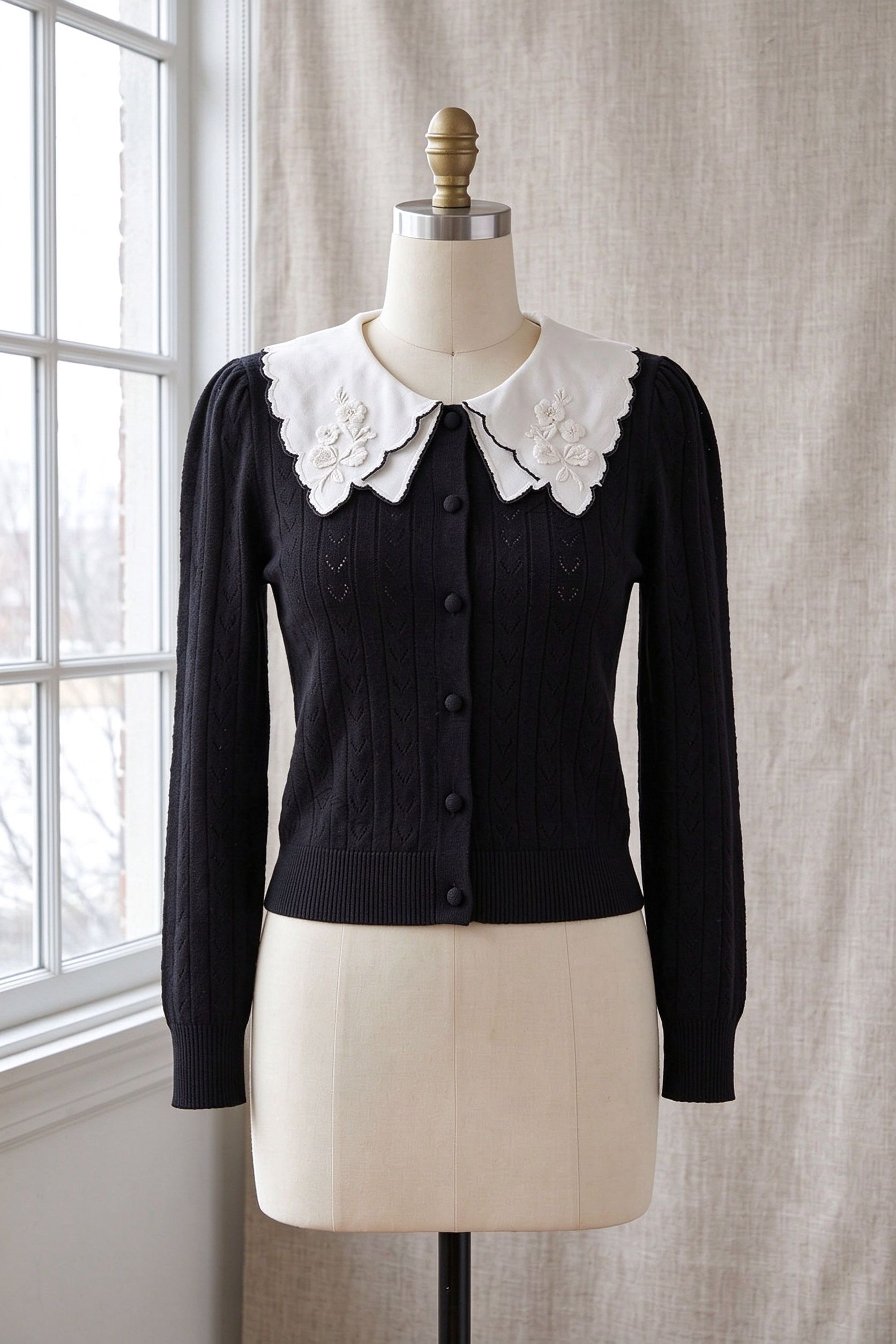 Black Pointelle Knit Cardigan with White Embroidered Collar