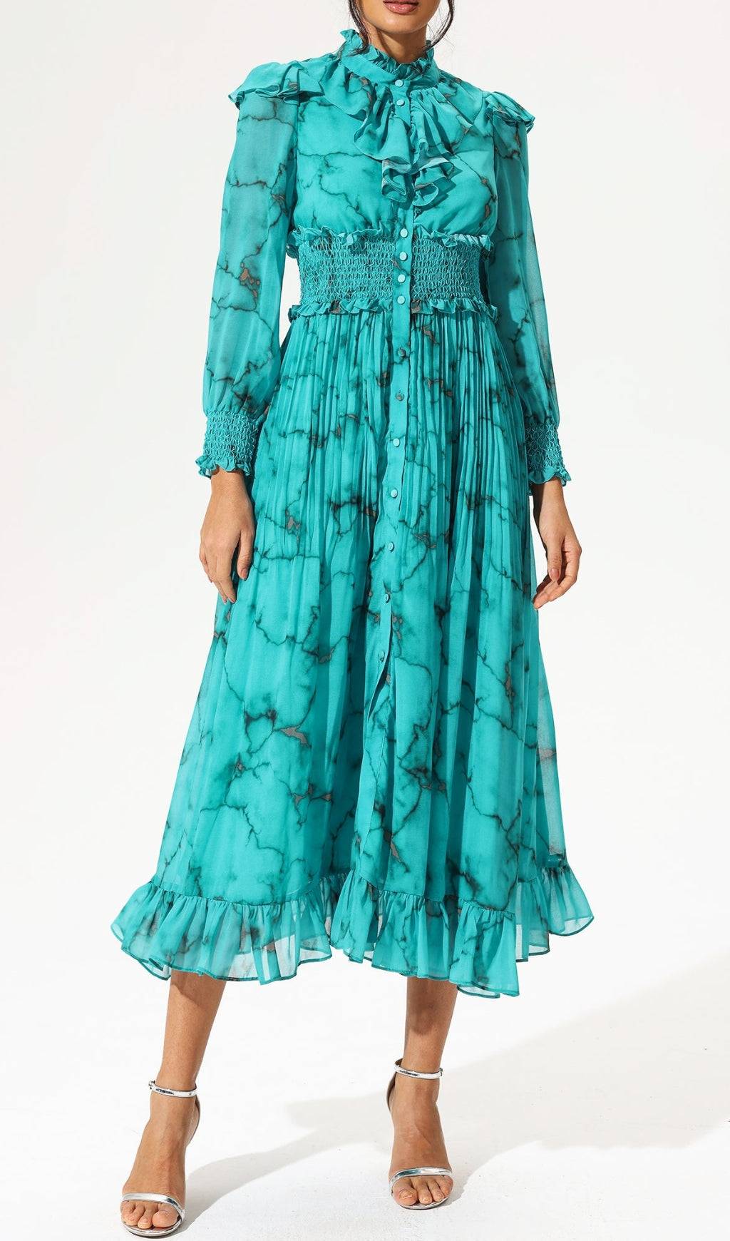 SILK MAXI DRESS WITH MARBLE PRINT-Ownci
