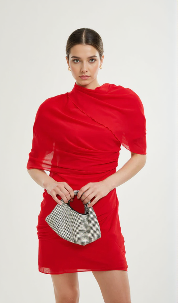 CLARABELLE RUCHED DRAPED MINI DRESS IN RED