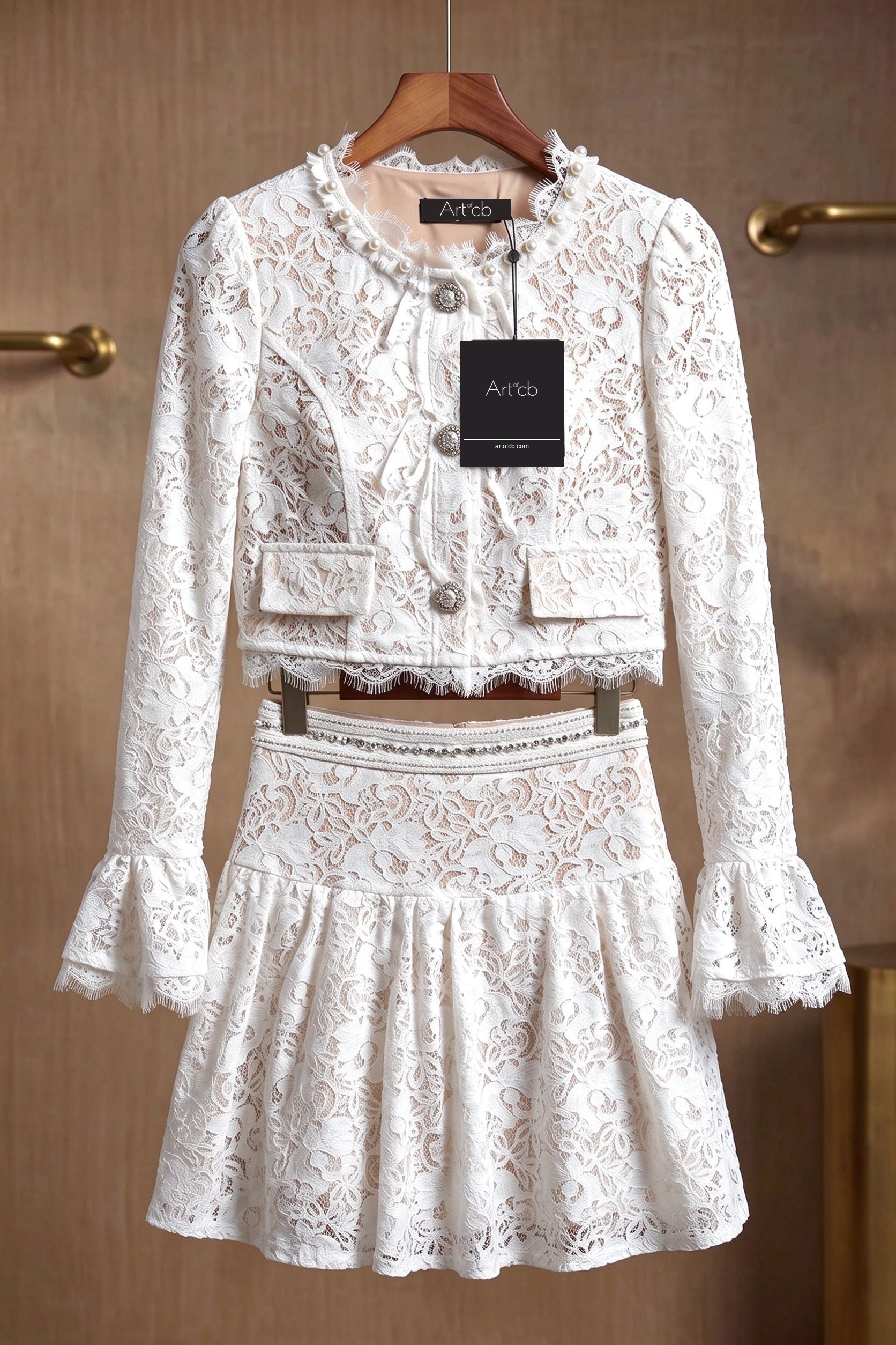 White Floral Corded Lace Fitted Cropped Jacket with Flared Mini Skirt Two-Piece Set