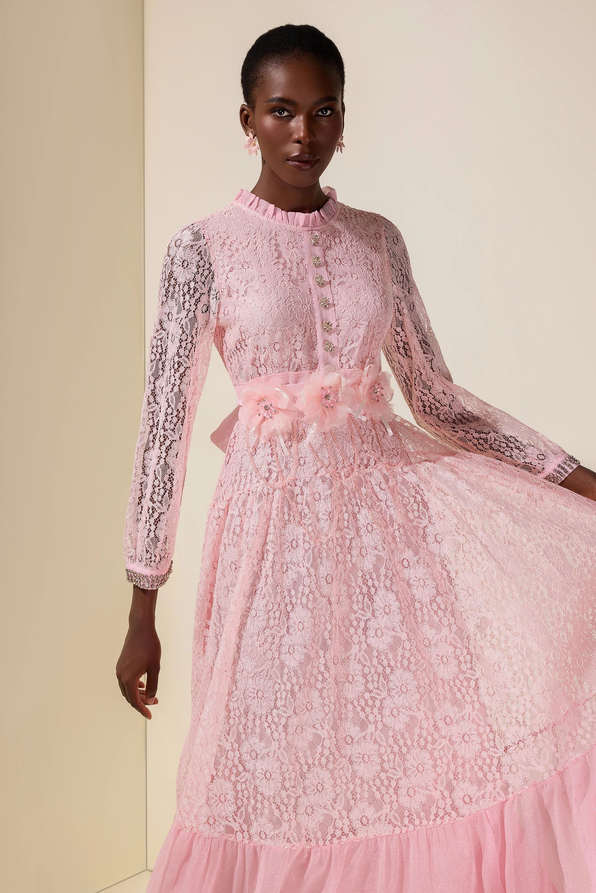 virginia Lace 3D Flower Rhinestone Rivets Midi Dress - pink