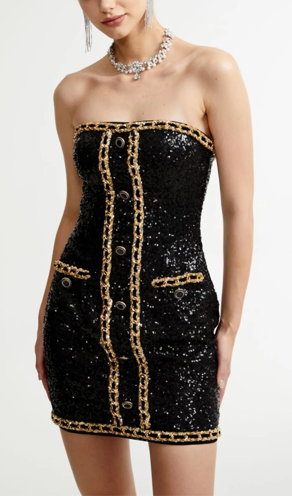 SEQUIN CHAIN STRAPLESS MINI DRESS-Ownci