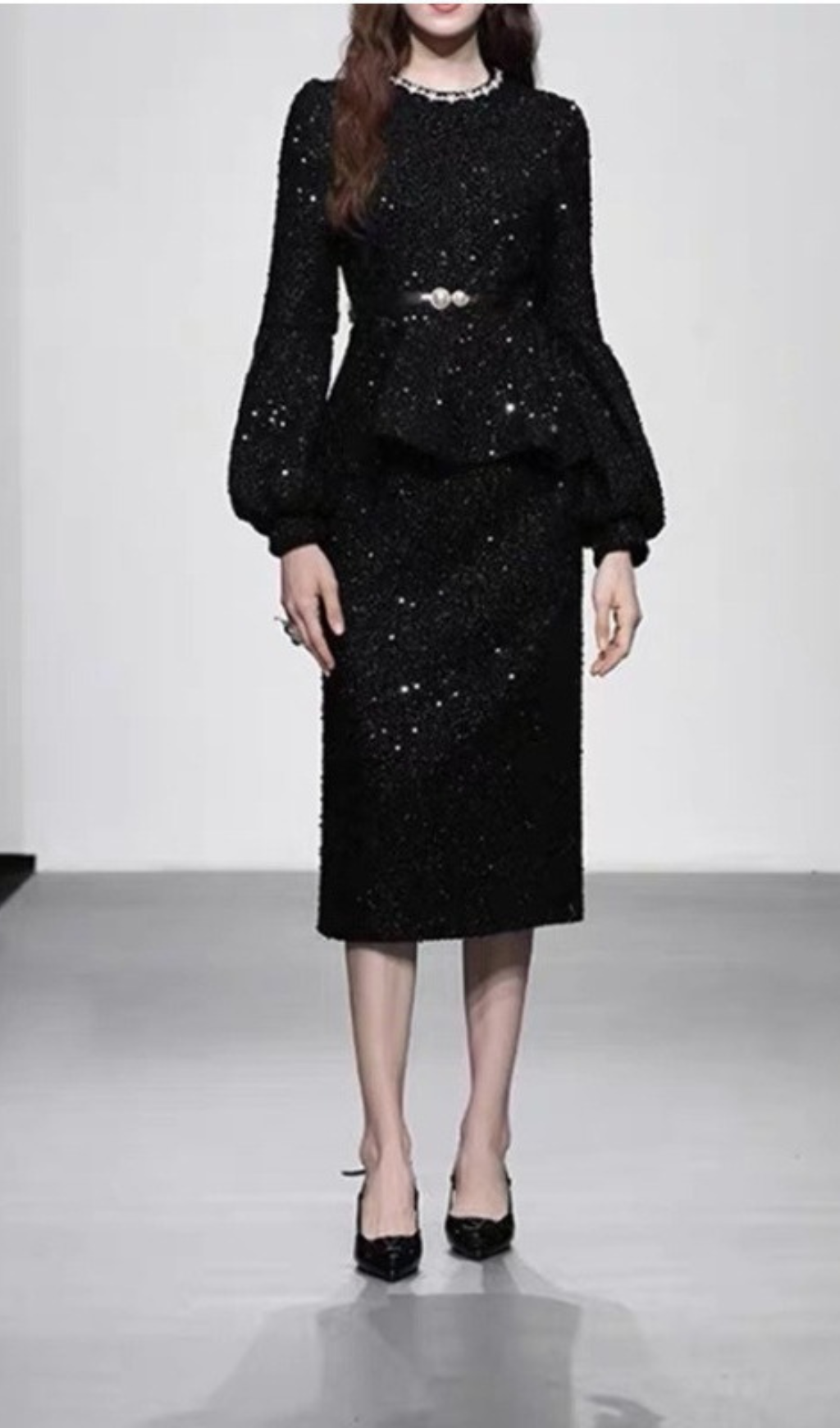 SEQUIN LANTERN SLEEVE RUFFLE MIDI DRESS-Ownci