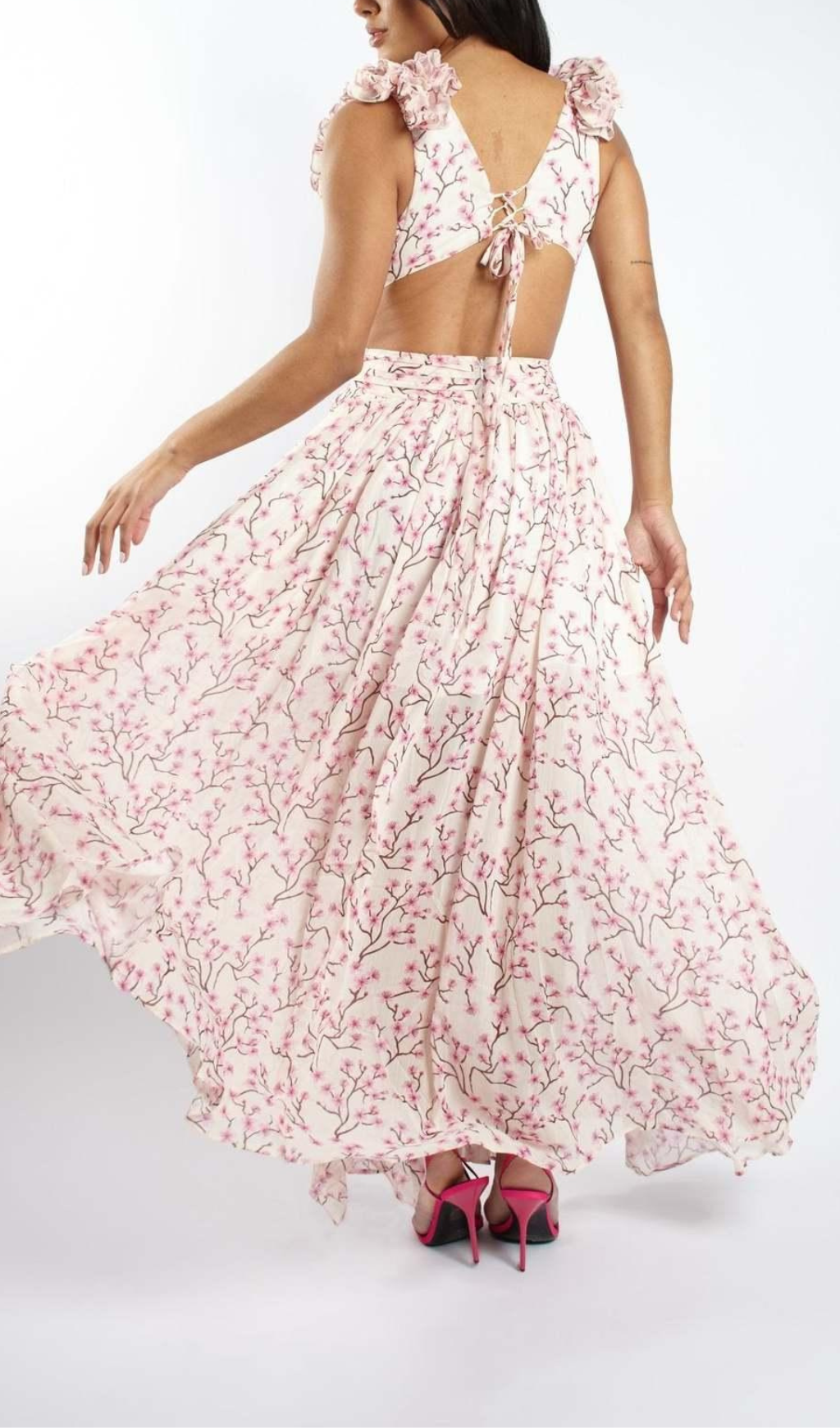 RUFFLED FLORAL CUTOUT MAXI DRESS-Ownci