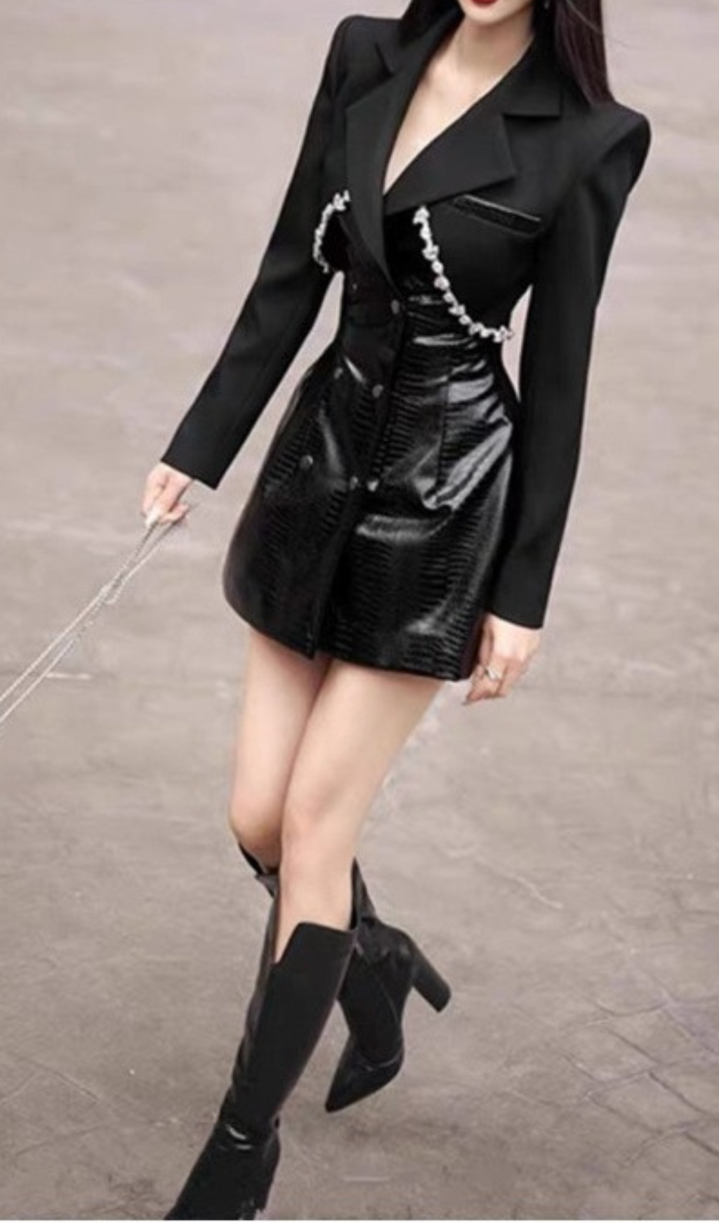 TAILORED BLAZER DRESS WITH LEATHER BLACK-Ownci