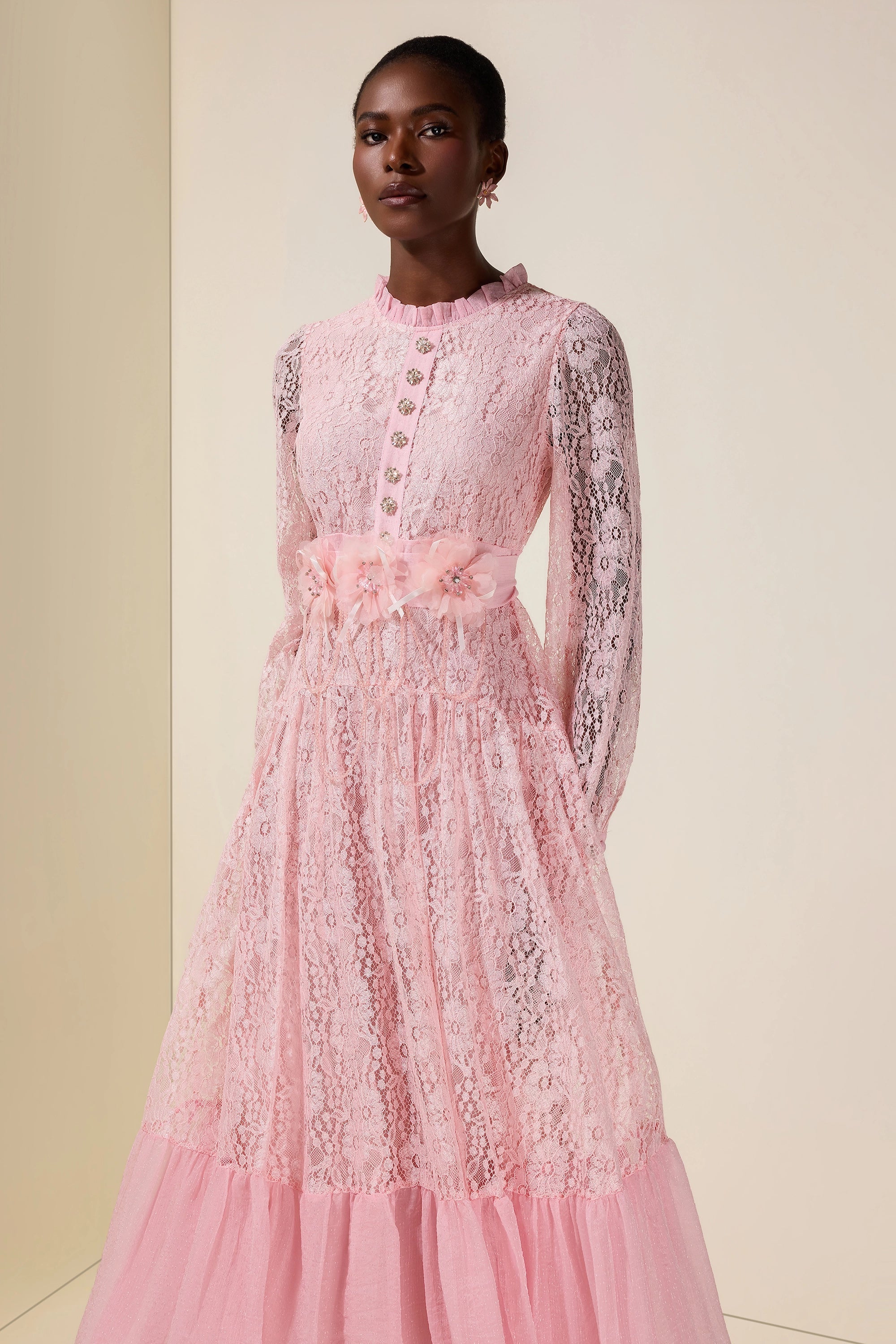 virginia Lace 3D Flower Rhinestone Rivets Midi Dress - pink