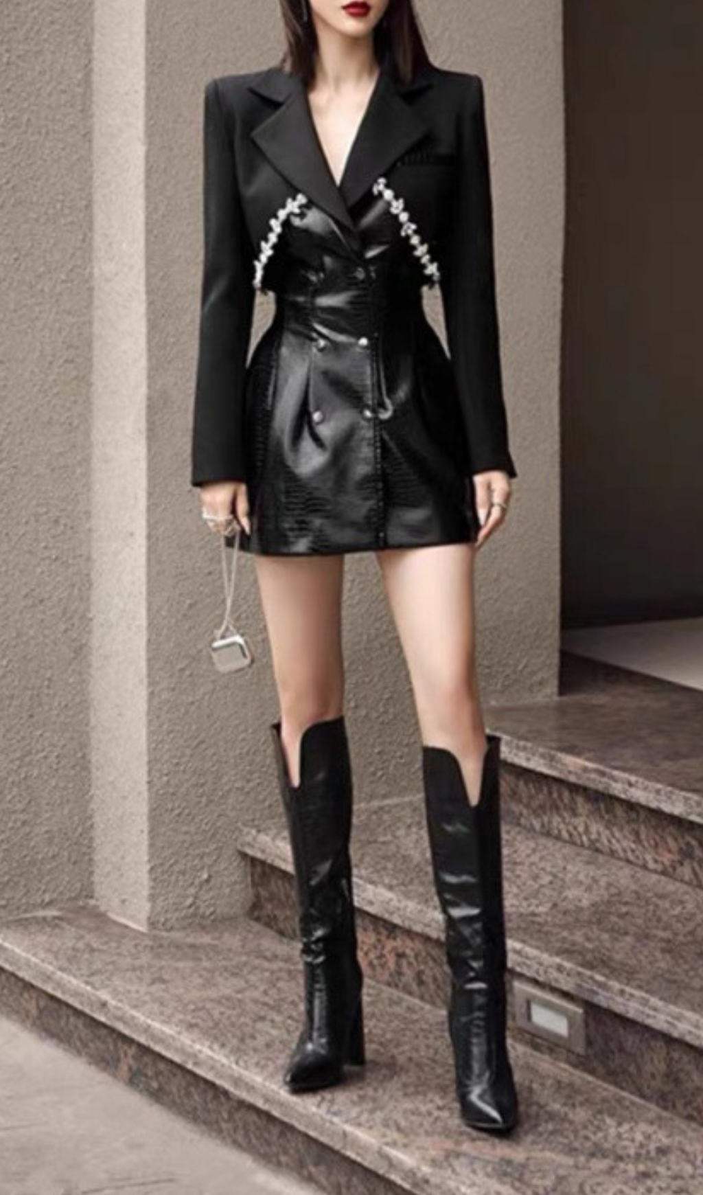 TAILORED BLAZER DRESS WITH LEATHER BLACK-Ownci