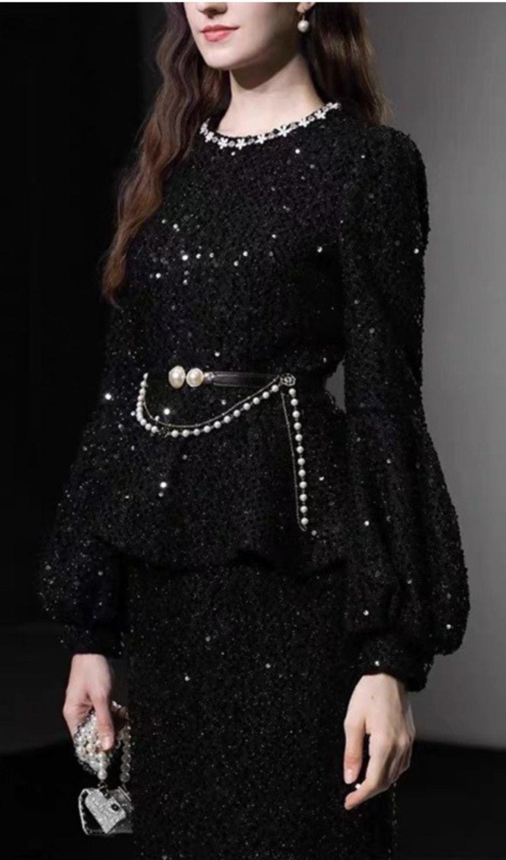 SEQUIN LANTERN SLEEVE RUFFLE MIDI DRESS-Ownci