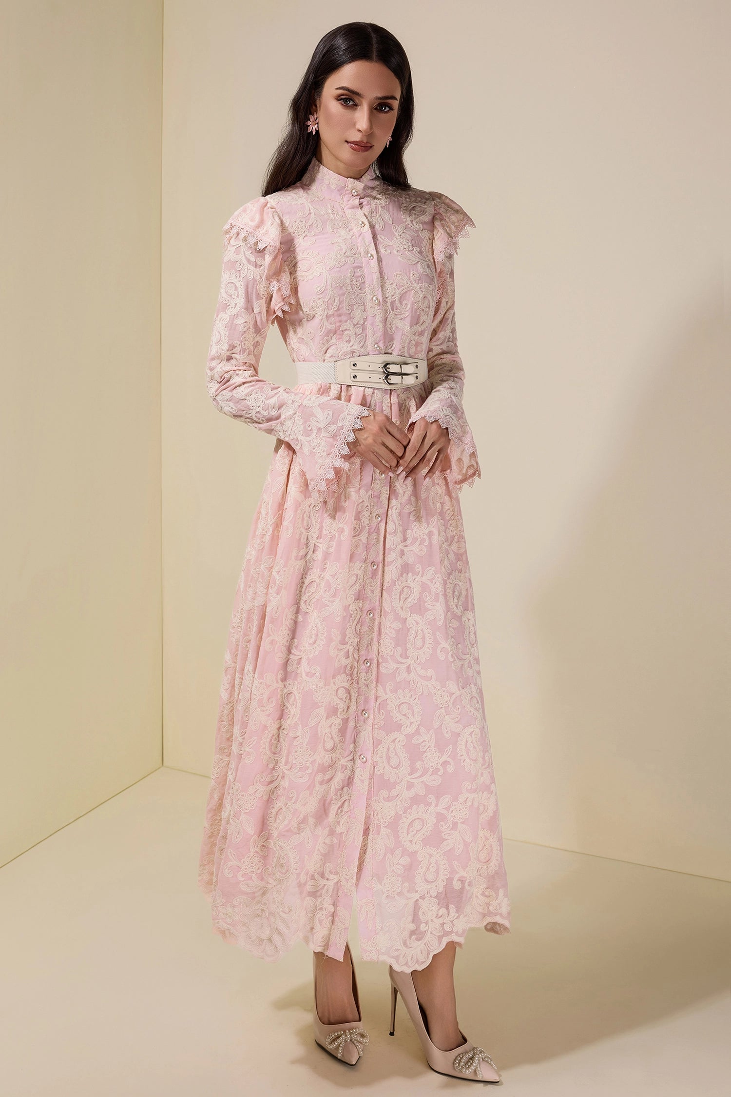 alma Chiffon Embroidered Single Breasted Midi Dress With Belt - pink