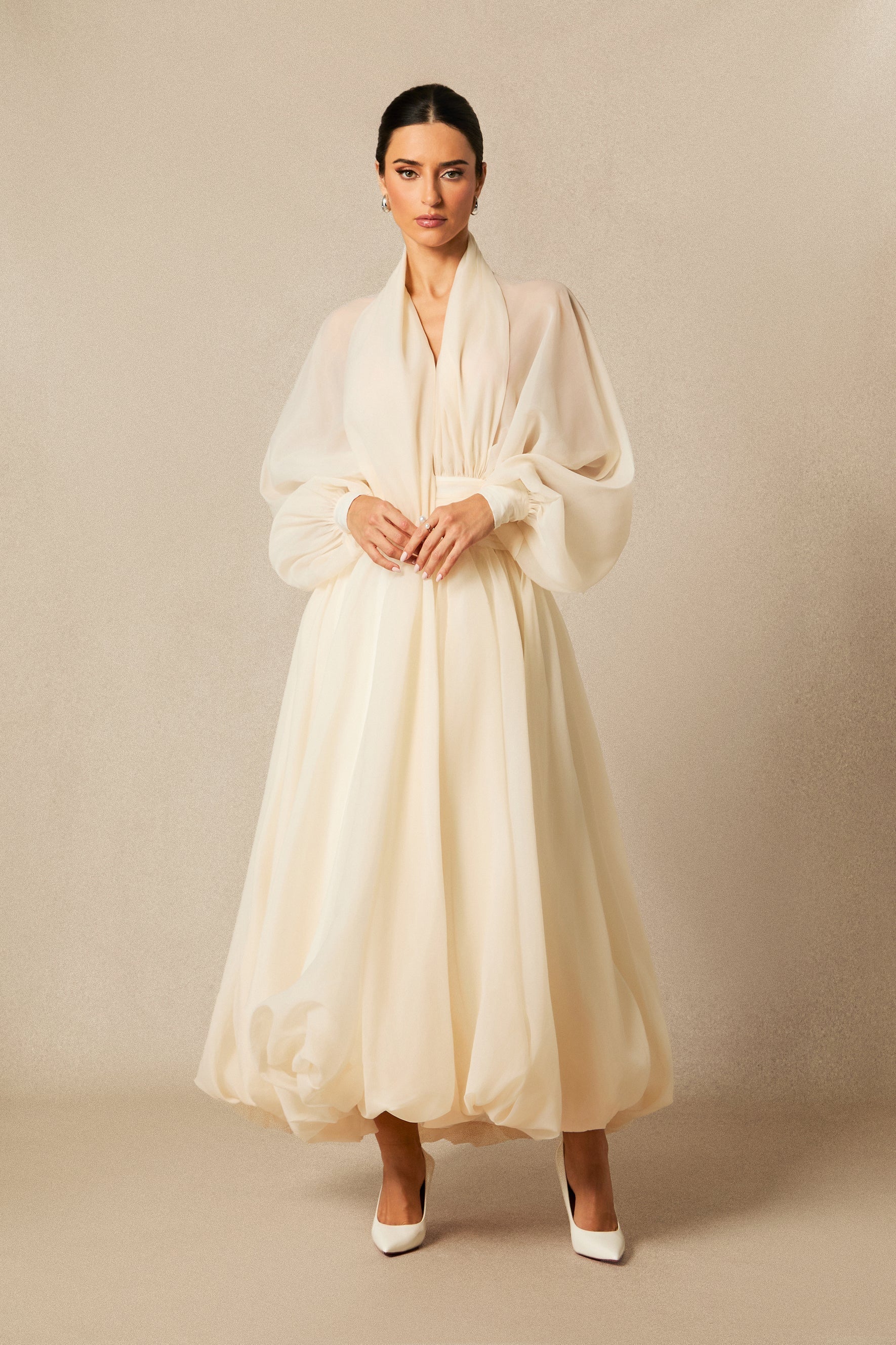 Lilly Deep V Neck Puff Sleeve Maxi Dress