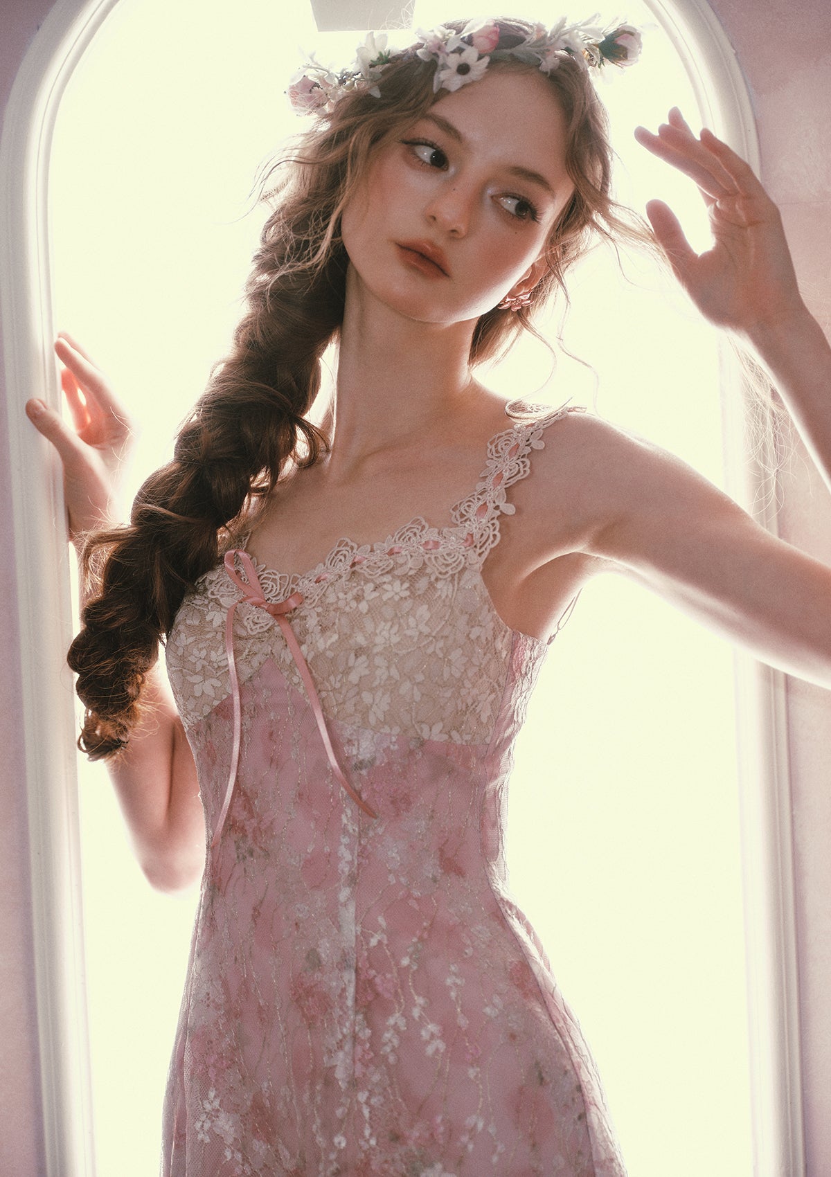 mandy Floral lace embroidery midi dress - pink