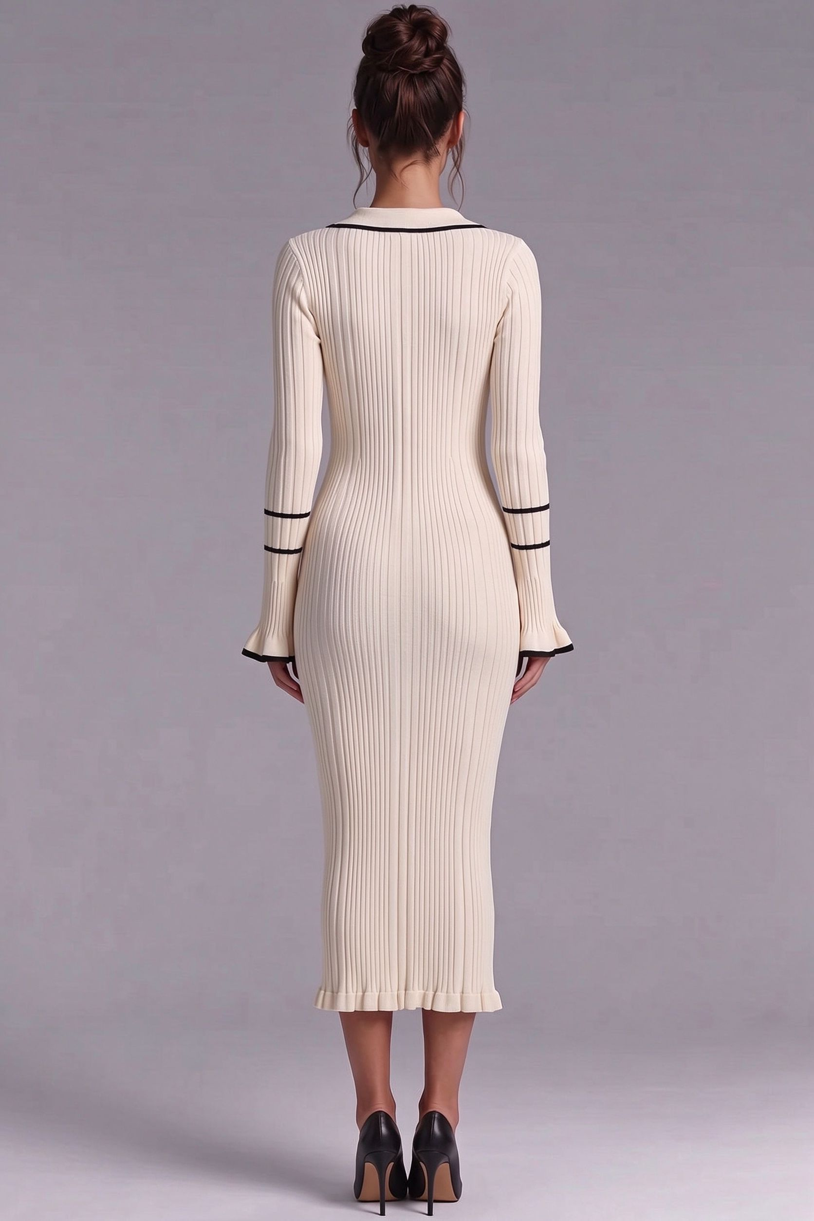 Cream Ribbed Knit Column Dress with Black Contrast Trim