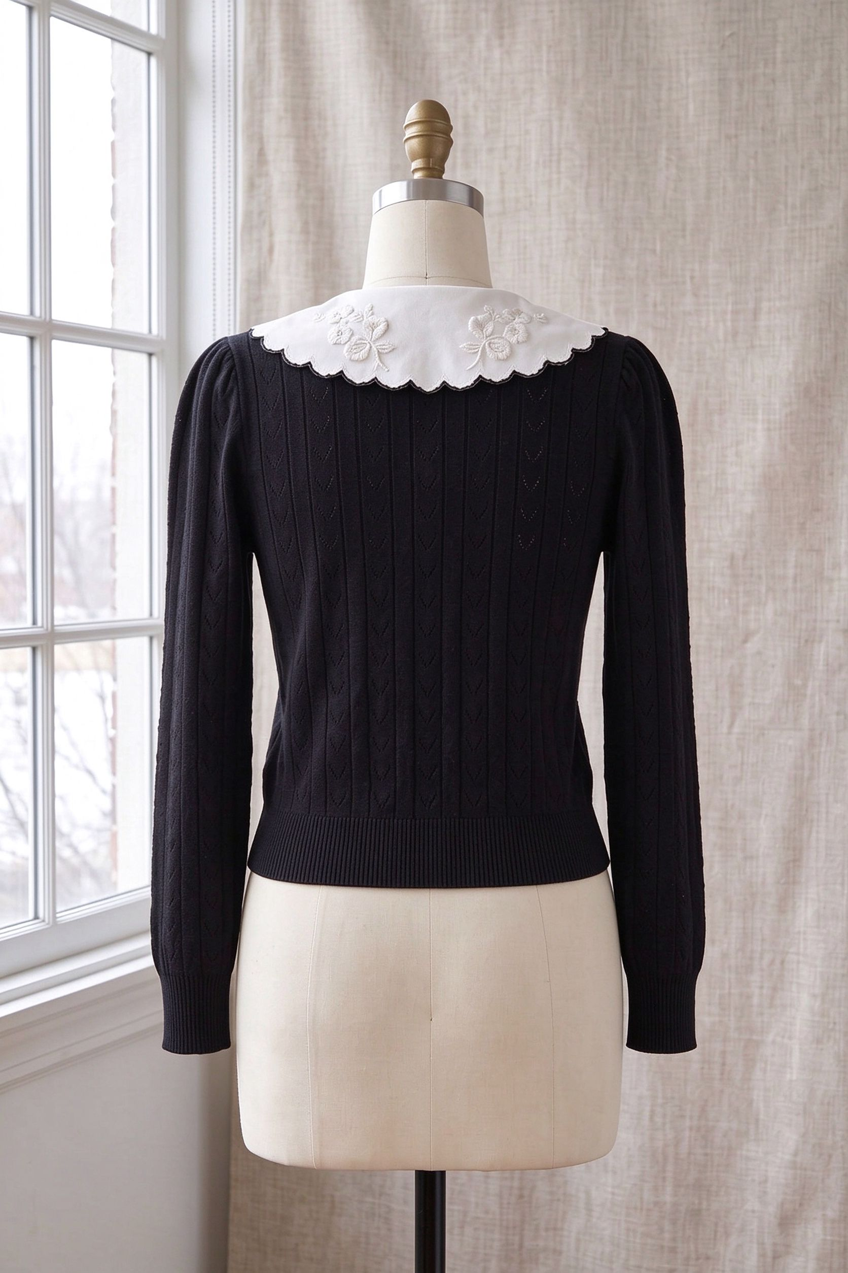 Black Pointelle Knit Cardigan with White Embroidered Collar