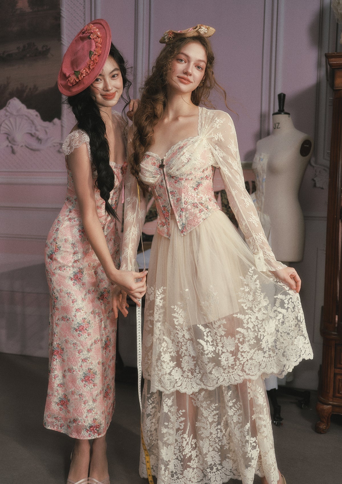 julie floral print lace trim midi dress - pink