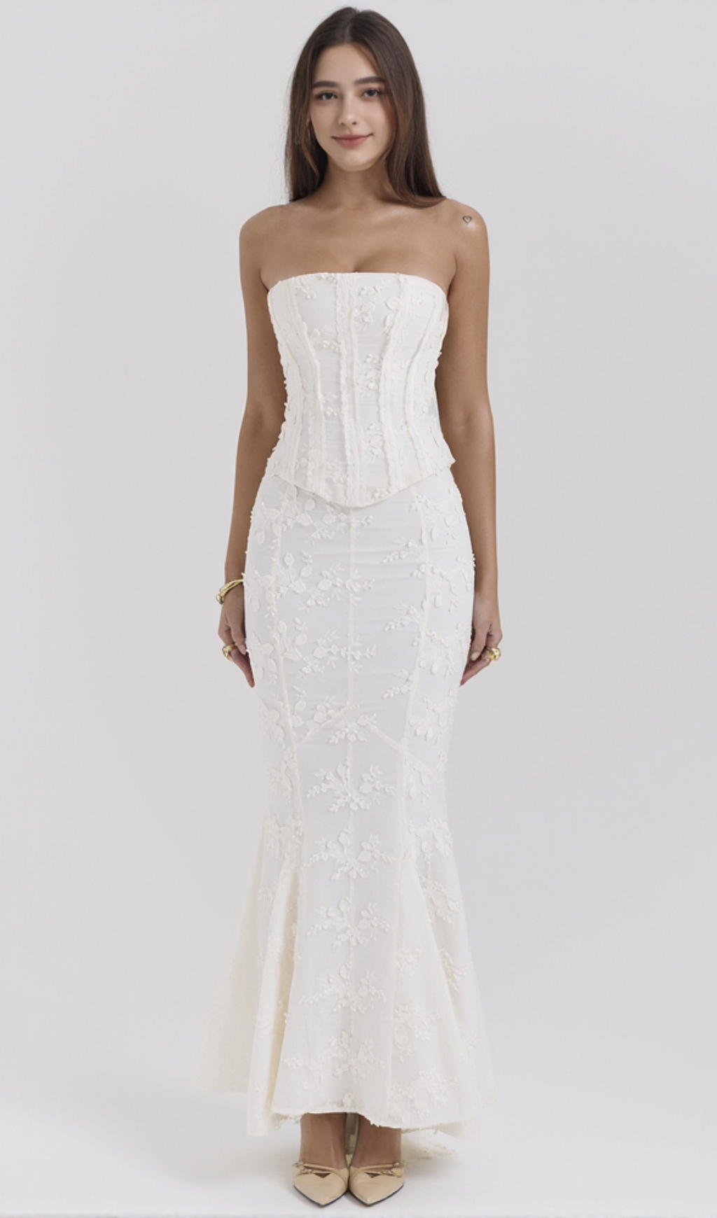 vintage ivory embroidered strapless corset skirt suit