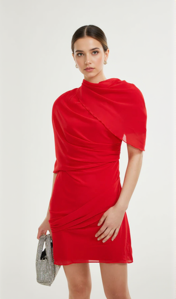 CLARABELLE RUCHED DRAPED MINI DRESS IN RED