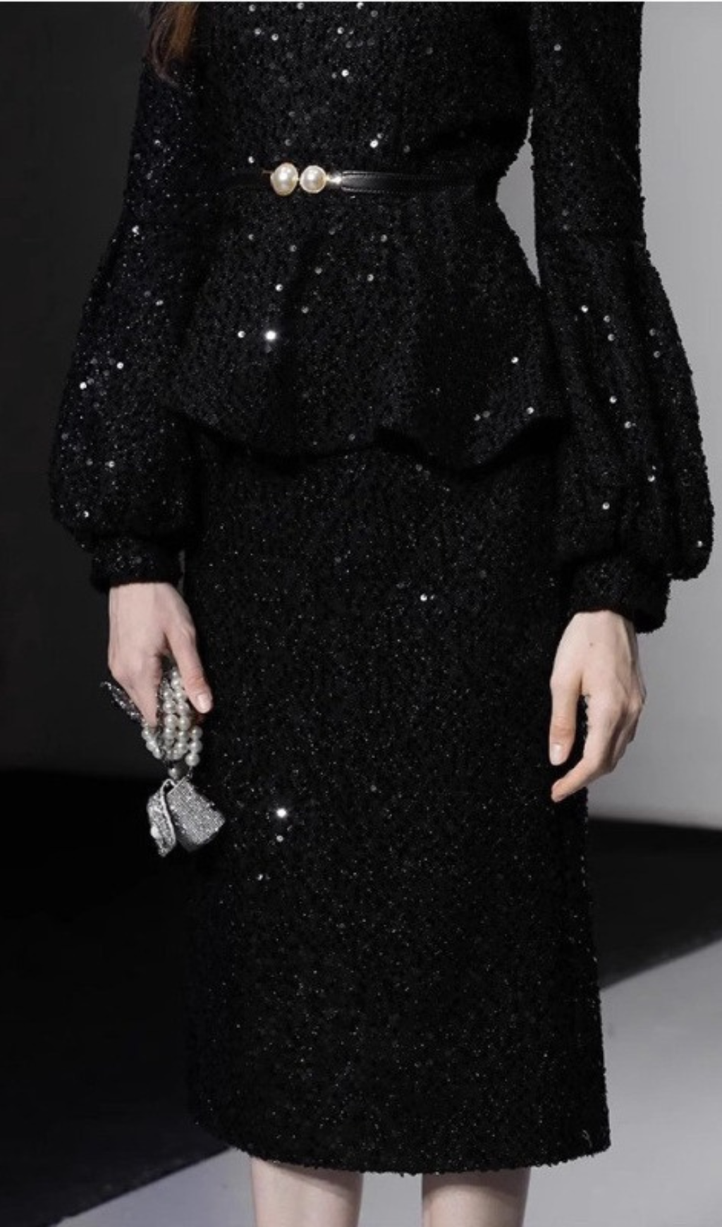 SEQUIN LANTERN SLEEVE RUFFLE MIDI DRESS-Ownci