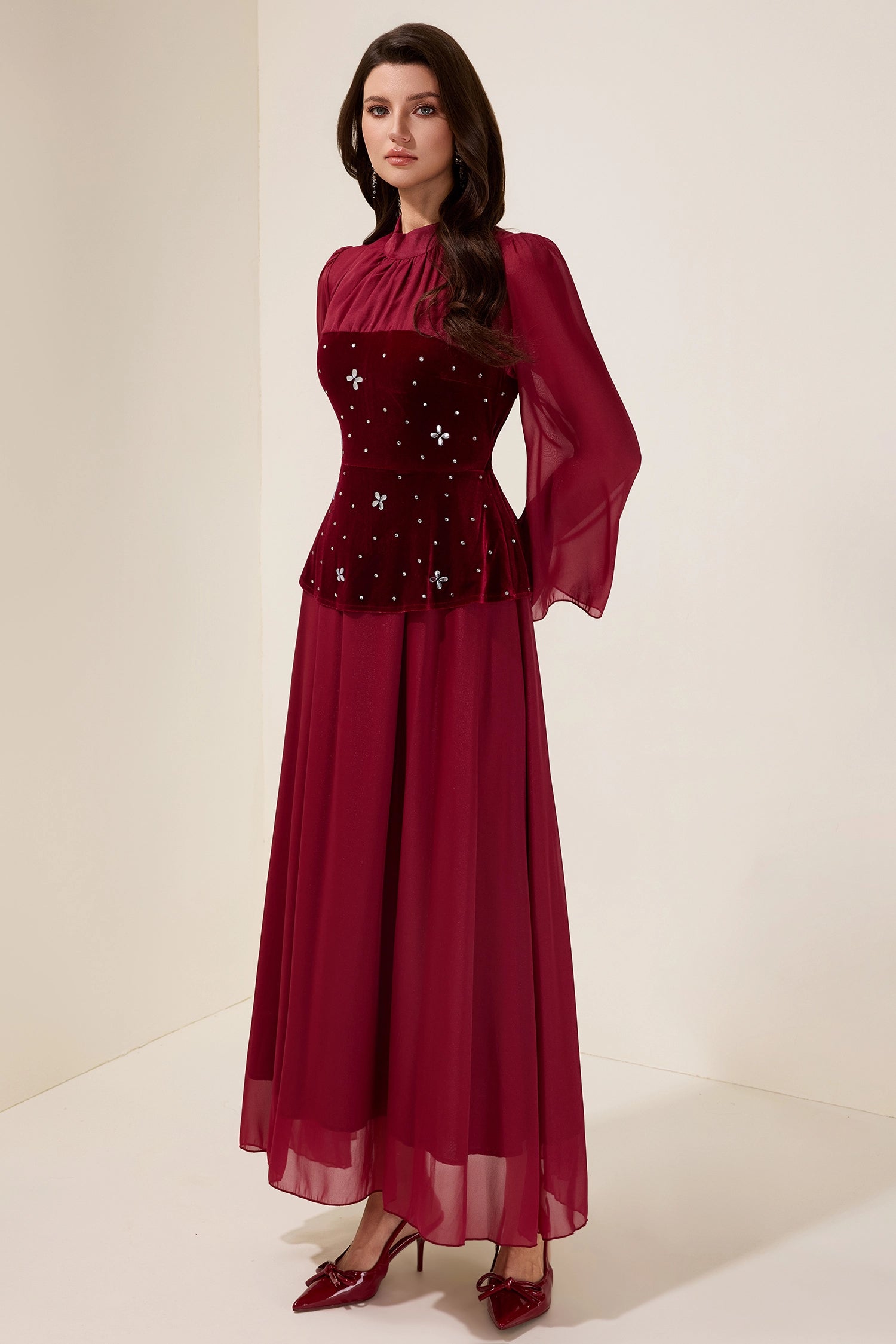 caroline Rhinestone Velvet Splicing Maxi Dress - burgundy