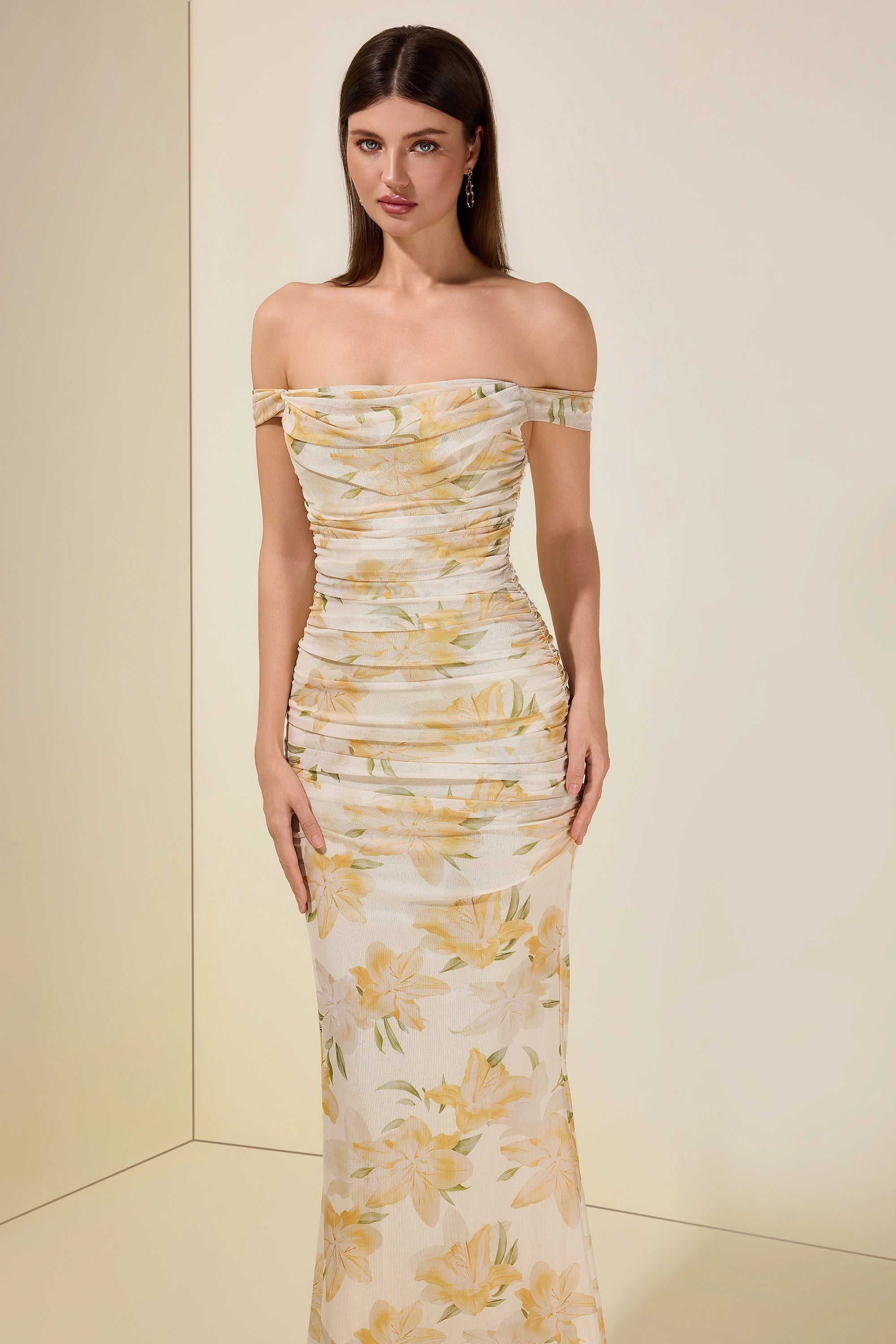 xaviera Mesh Floral Gathering Maxi Dress - yellow