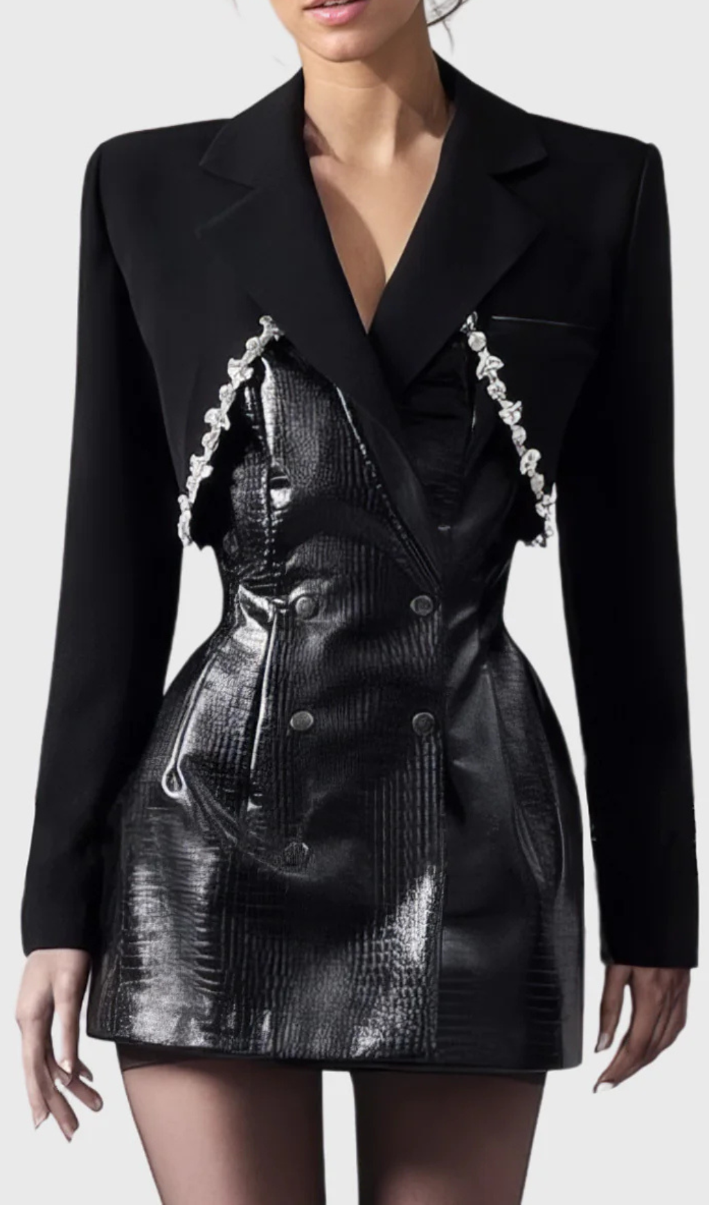 TAILORED BLAZER DRESS WITH LEATHER BLACK-Ownci