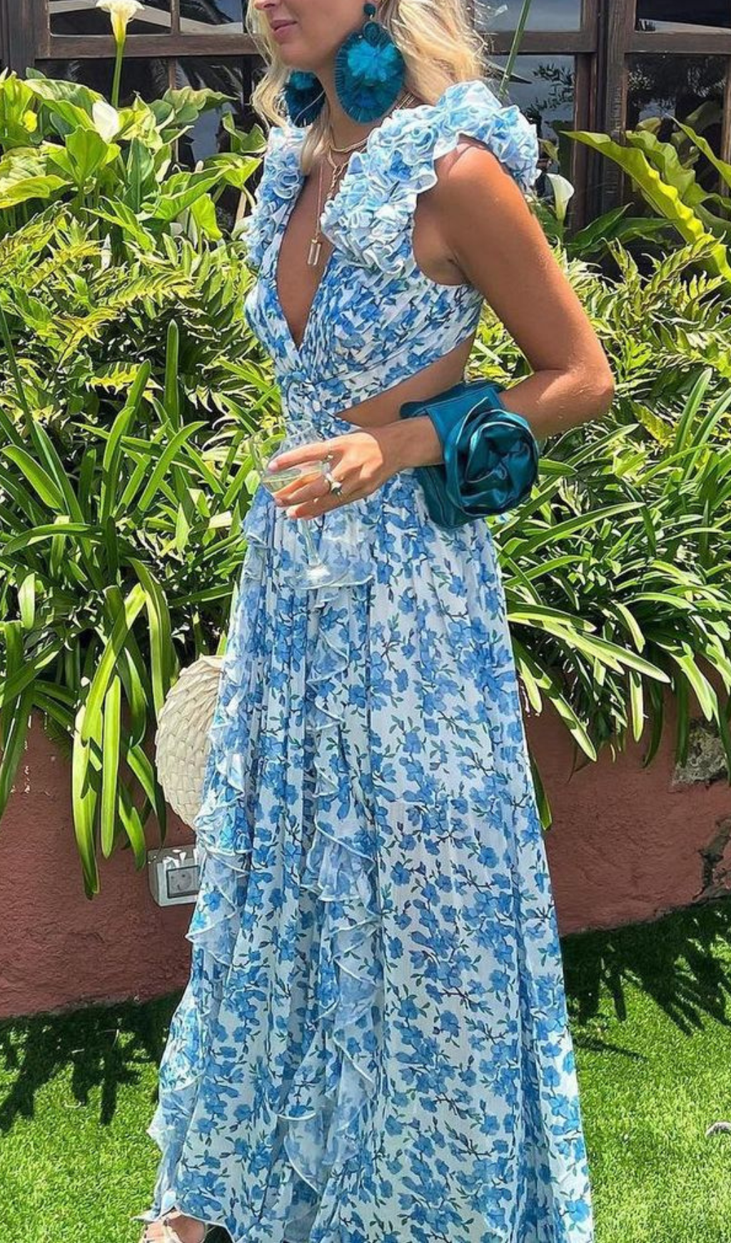 RUFFLED FLORAL CUTOUT MAXI DRESS IN BLUE-Ownci