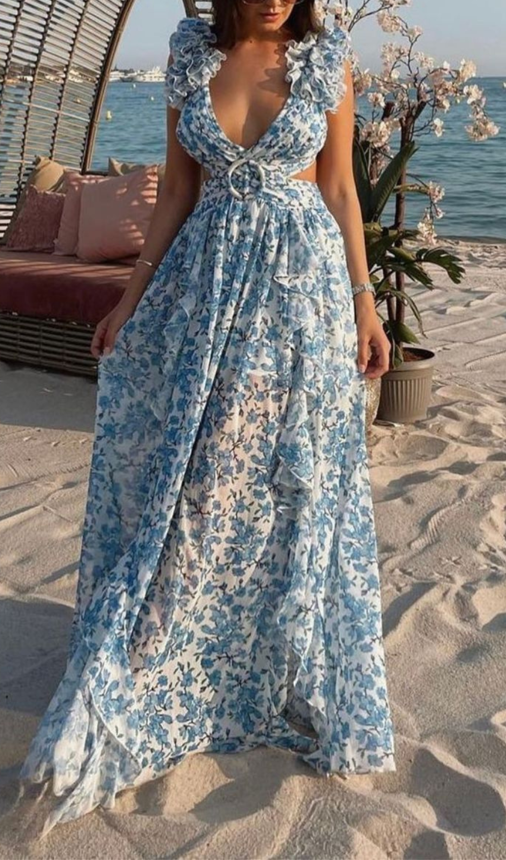 RUFFLED FLORAL CUTOUT MAXI DRESS IN BLUE-Ownci
