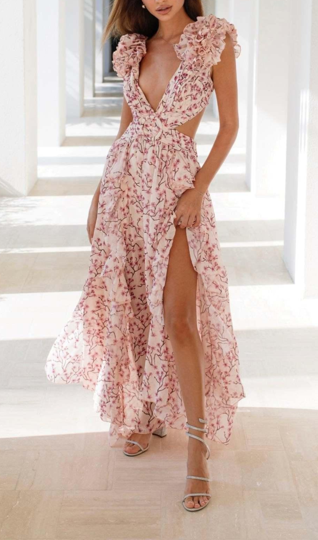 RUFFLED FLORAL CUTOUT MAXI DRESS-Ownci