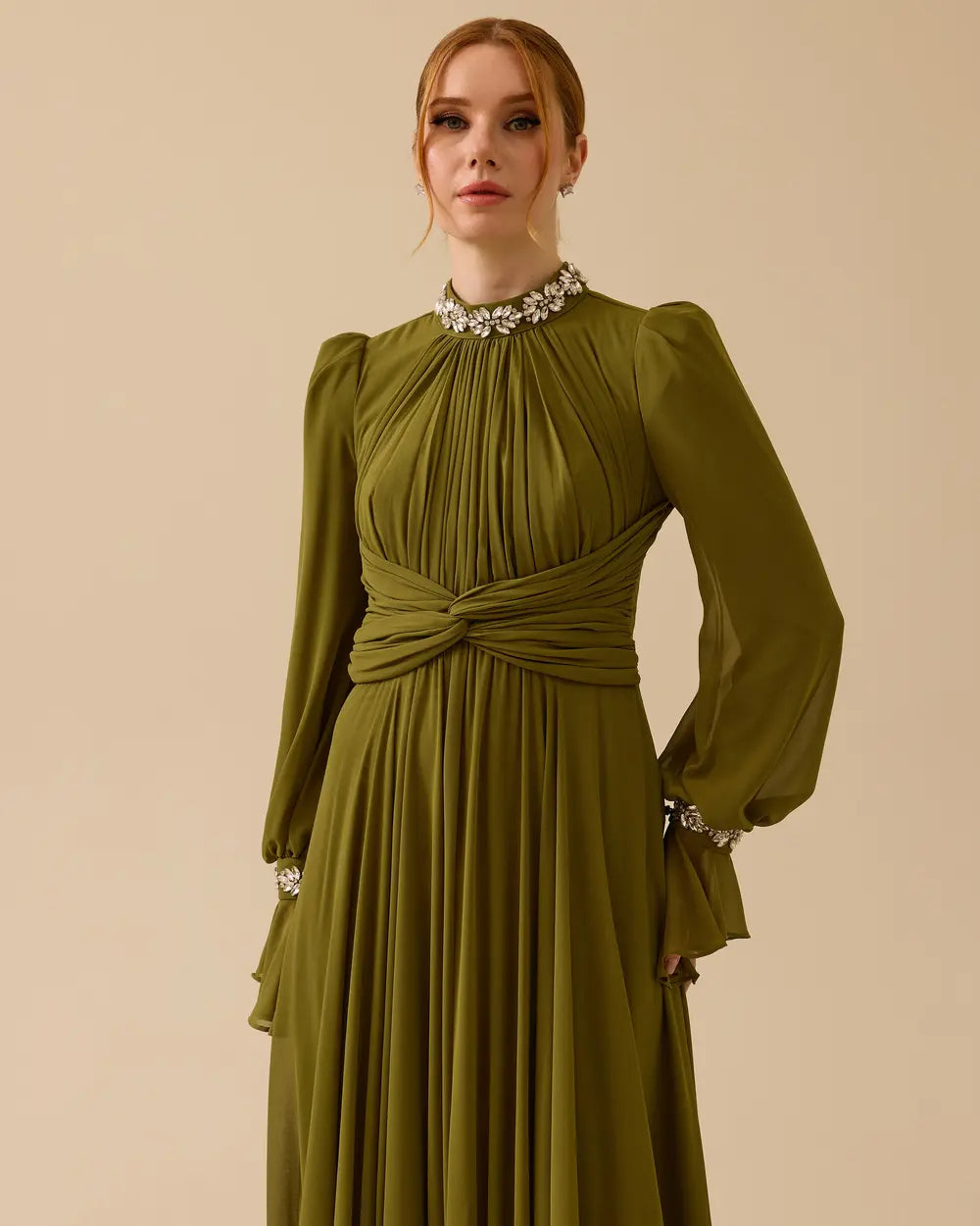 alyssa puff long sleeve pleated silk maxi dress in green