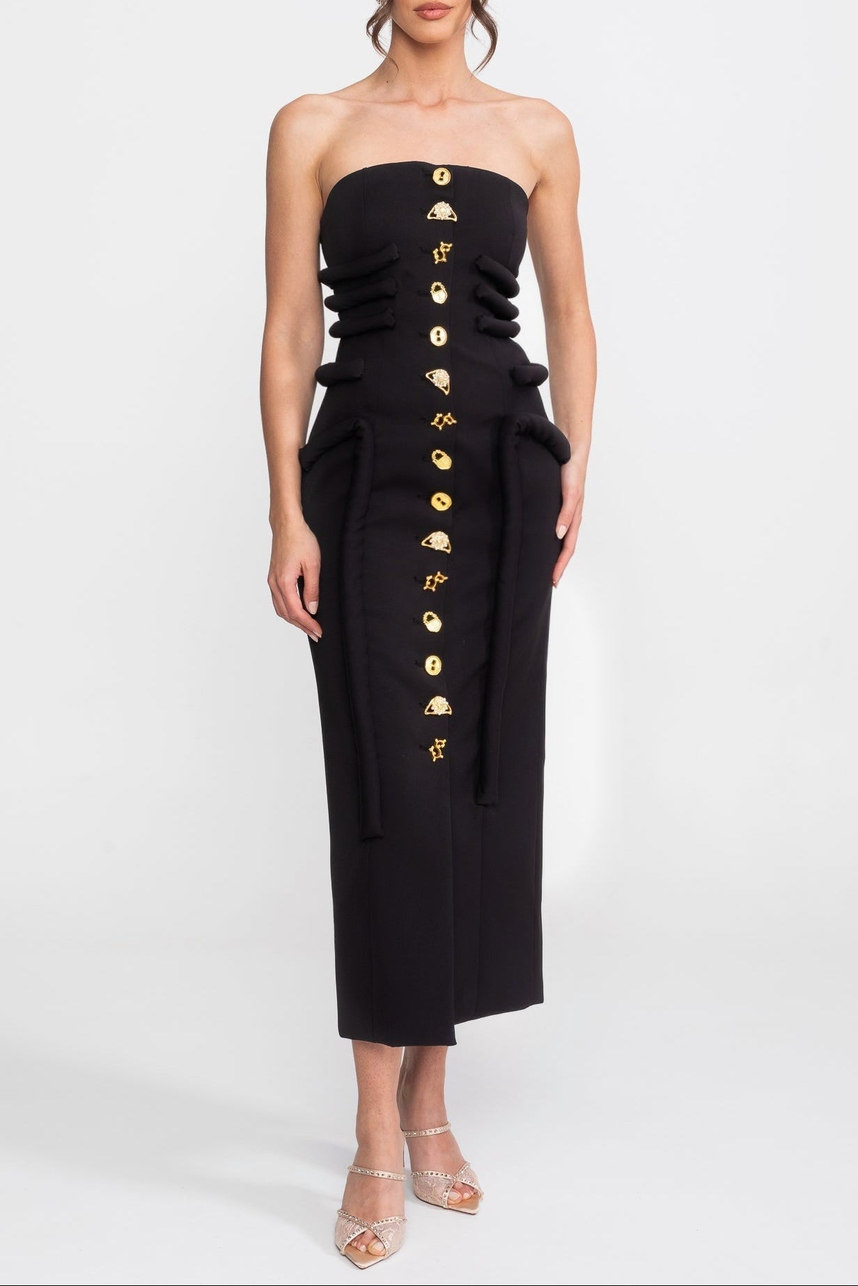 Black Midi Dress With Sculptural Knotted Bodice Detail And Jewel Buttons - Black