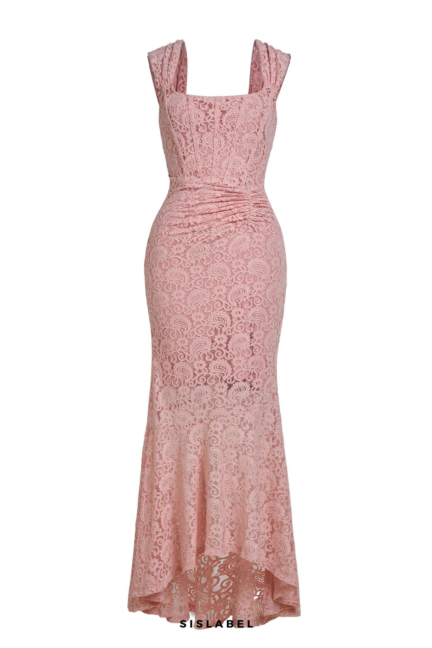 vivien Lace Gathering Maxi Dress - pink