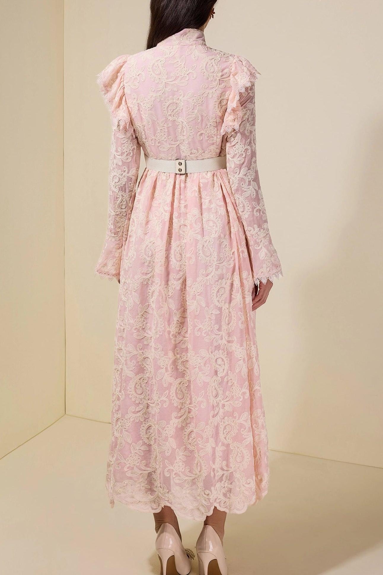alma Chiffon Embroidered Single Breasted Midi Dress With Belt - pink