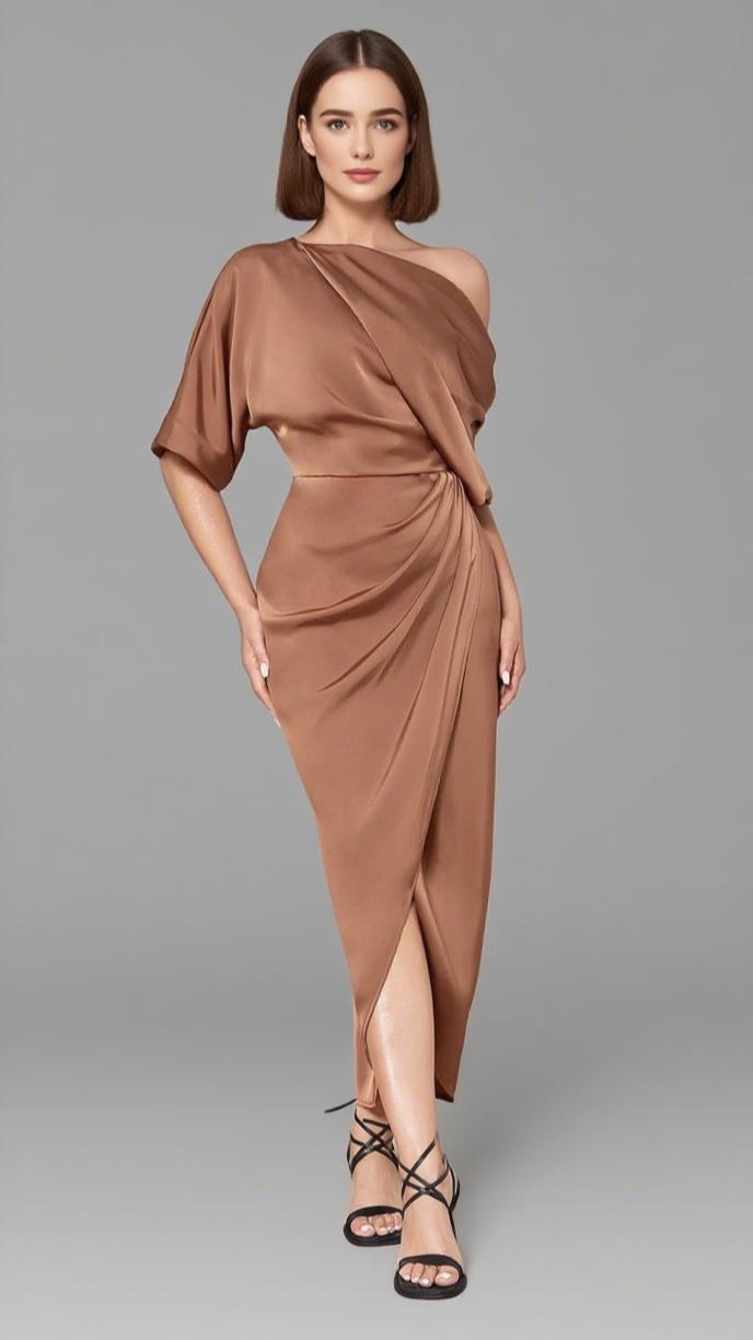 One - Shoulder Draped Slit Midi Dress in Brown