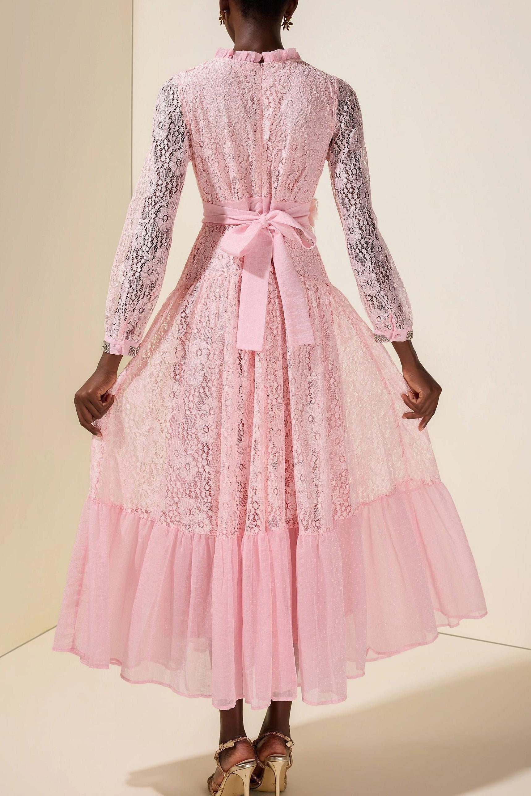 virginia Lace 3D Flower Rhinestone Rivets Midi Dress - pink