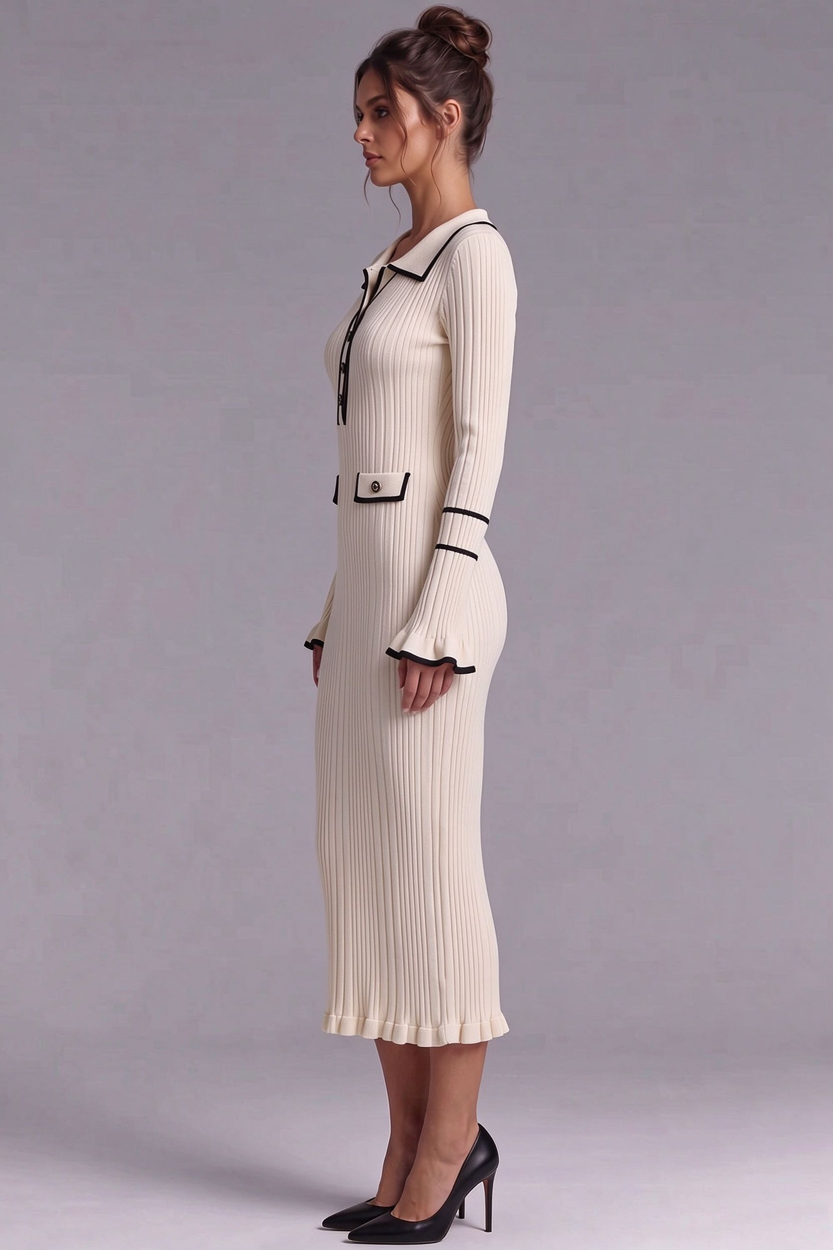 Cream Ribbed Knit Column Dress with Black Contrast Trim