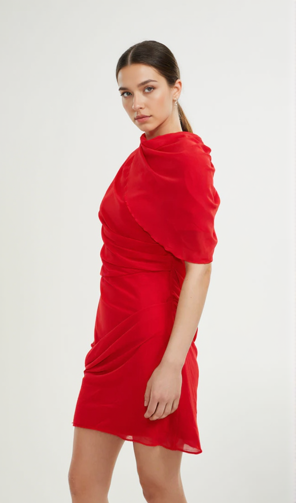 CLARABELLE RUCHED DRAPED MINI DRESS IN RED