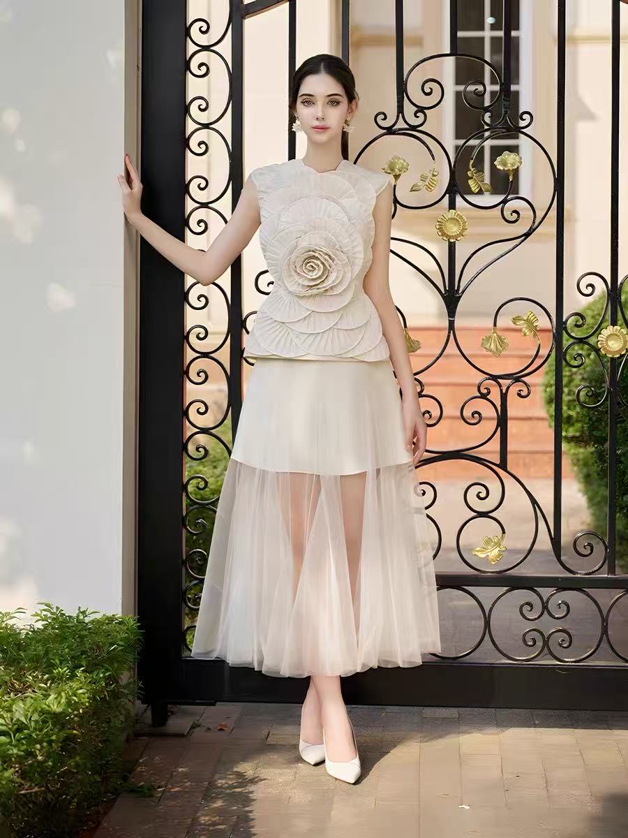 Karima Neutral 3D Petal Top & Skirt Set