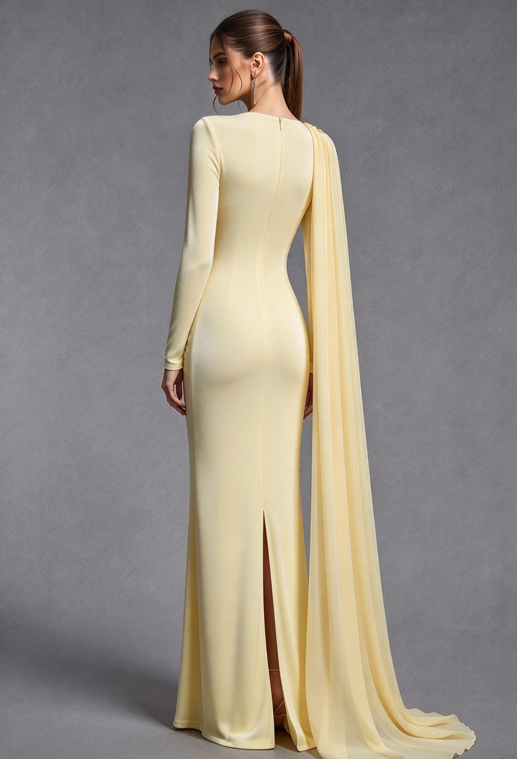 Pale Yellow Fine Stretch Knit Column Evening Gown with Asymmetric Draped Cape