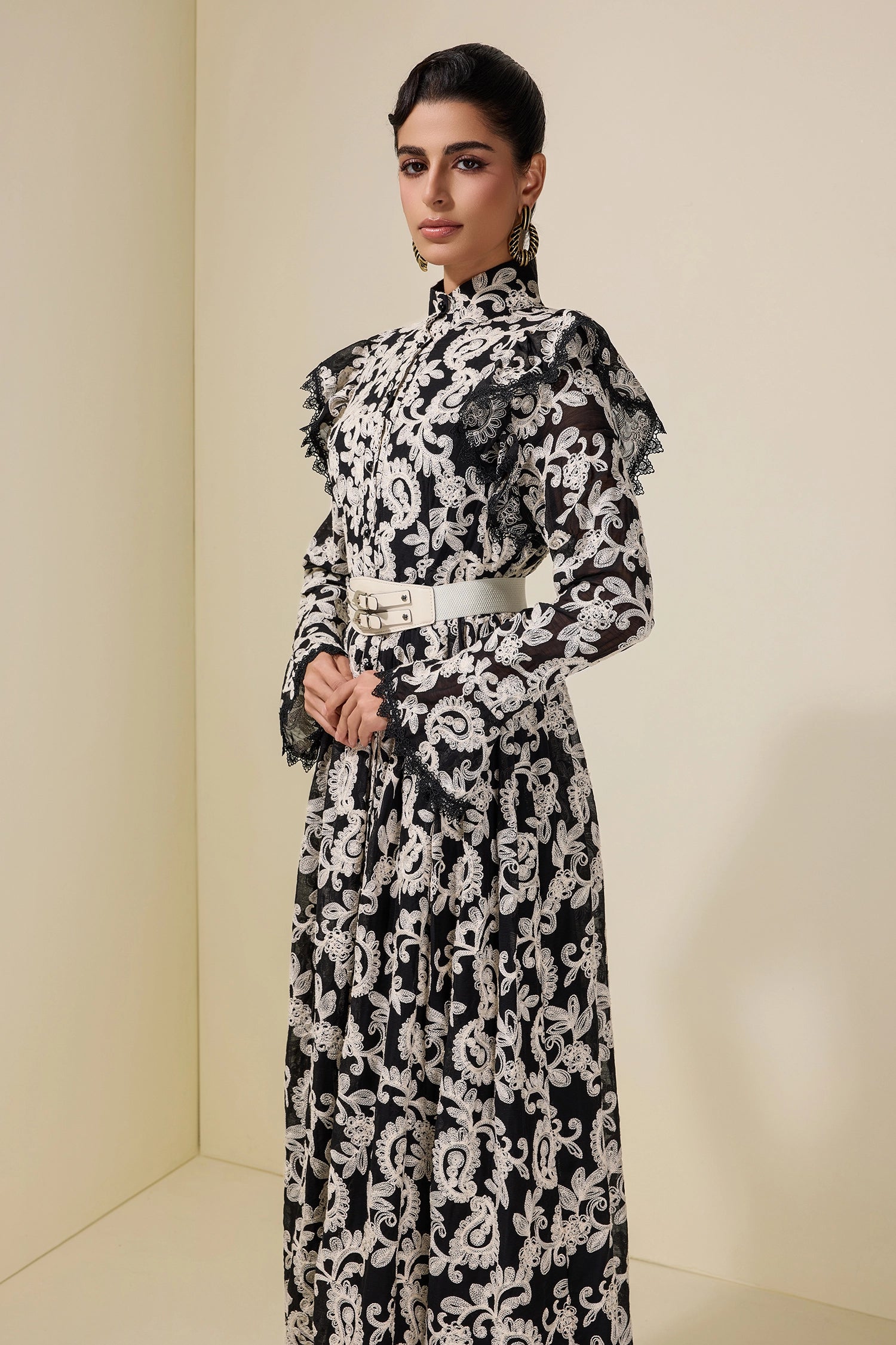 alma Chiffon Embroidered Single Breasted Midi Dress With Belt - black