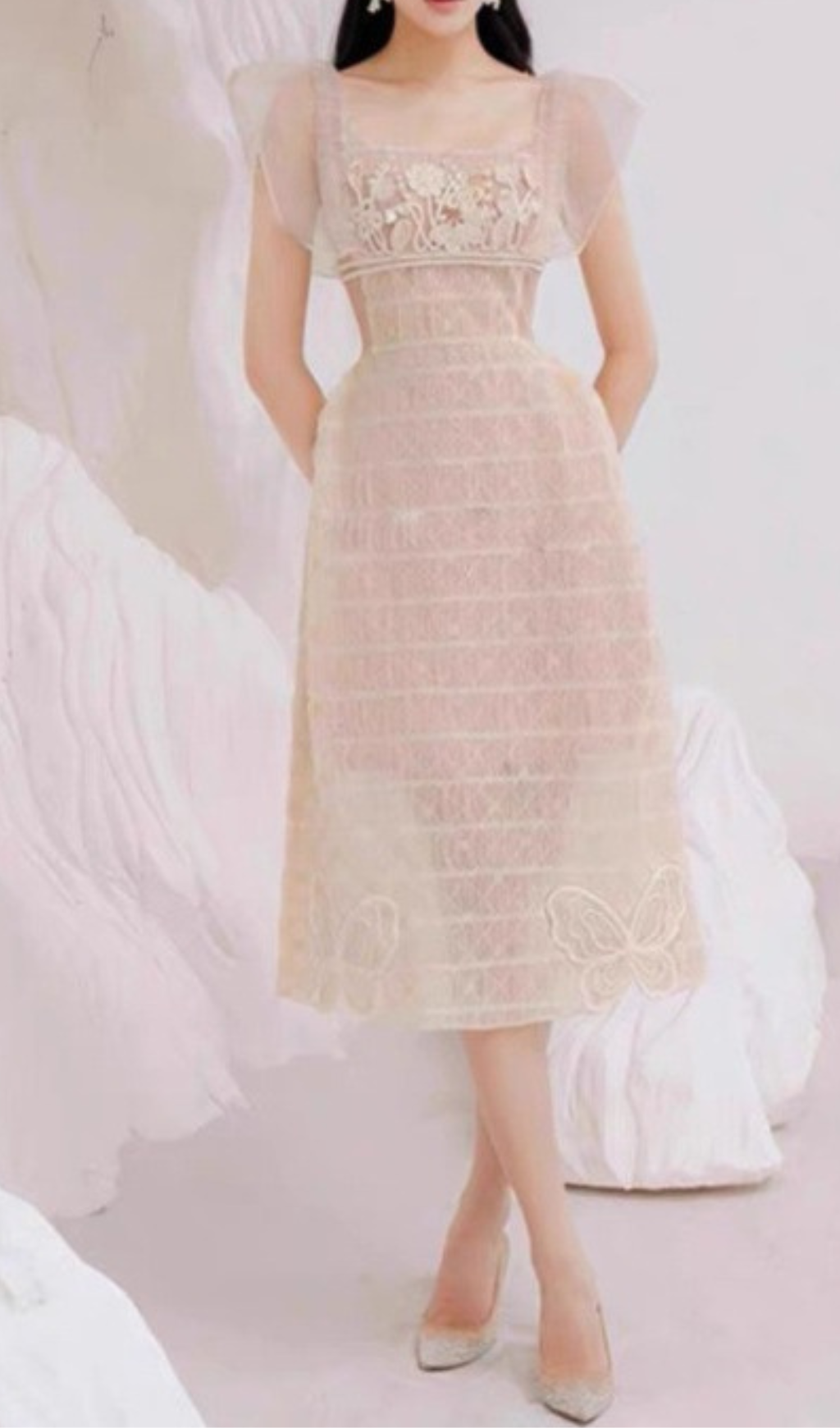 SQUARE NECK LACE MIDI DRESS IN BEIGE-Ownci