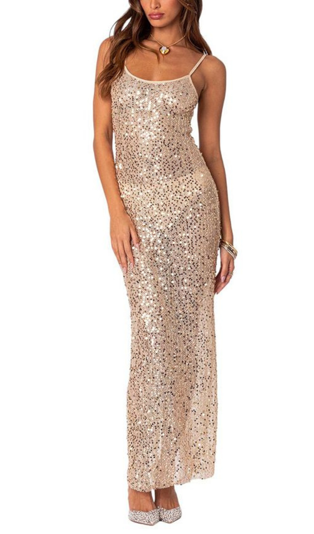 SEQUIN SHEER MESH MAXI DRESS-Ownci