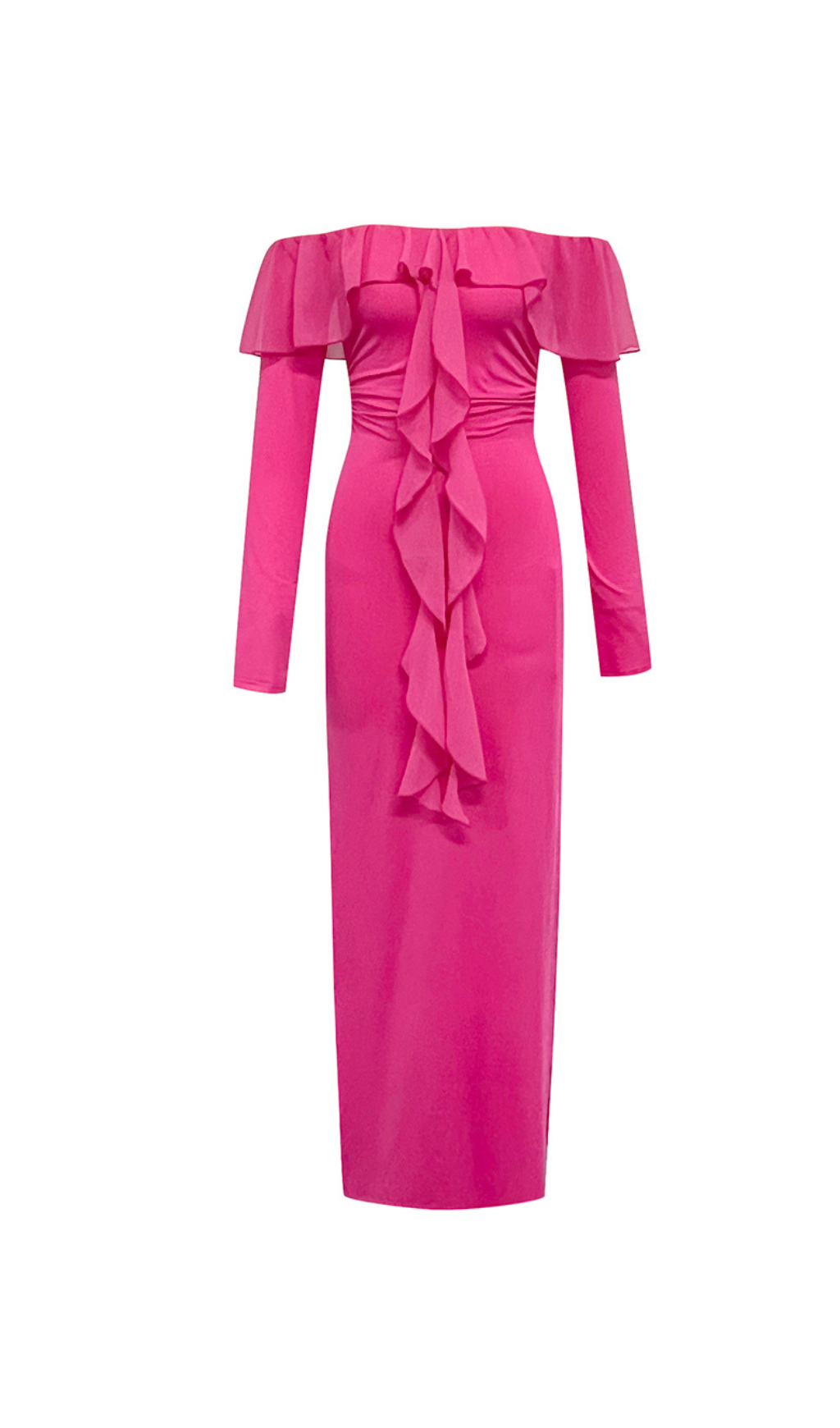 RUFFLED NECKLINE BACK HIGH SLIT MAXI DRESS-Ownci