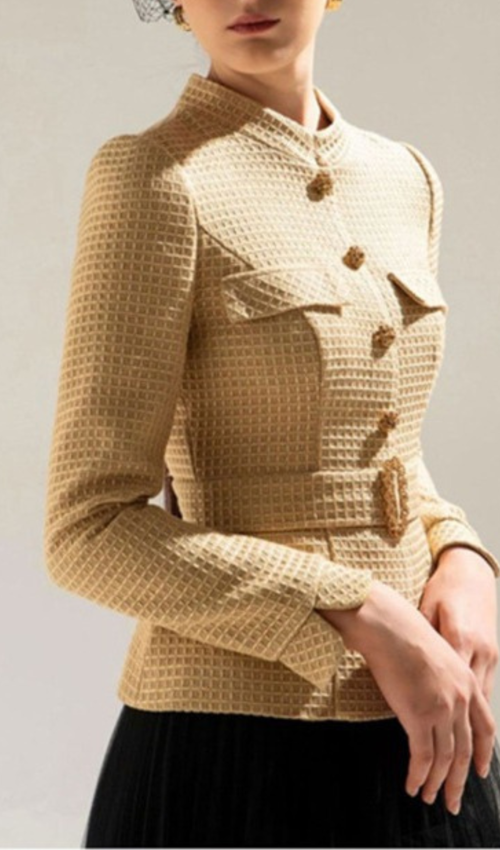 TWEED SHORT COAT MESH SKIRT SUIT-Ownci