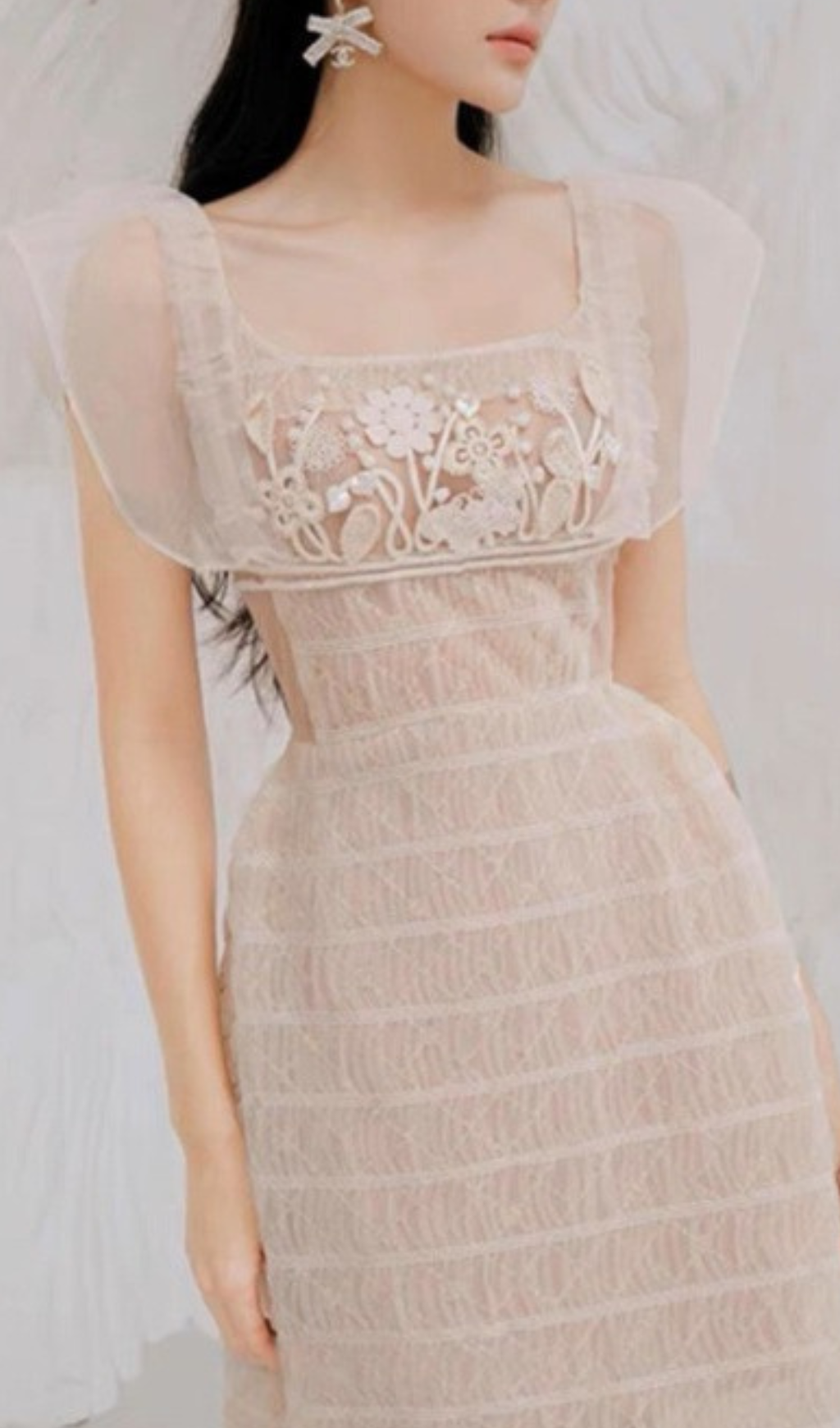 SQUARE NECK LACE MIDI DRESS IN BEIGE-Ownci