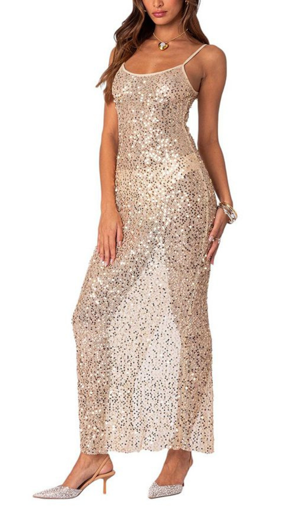 SEQUIN SHEER MESH MAXI DRESS-Ownci